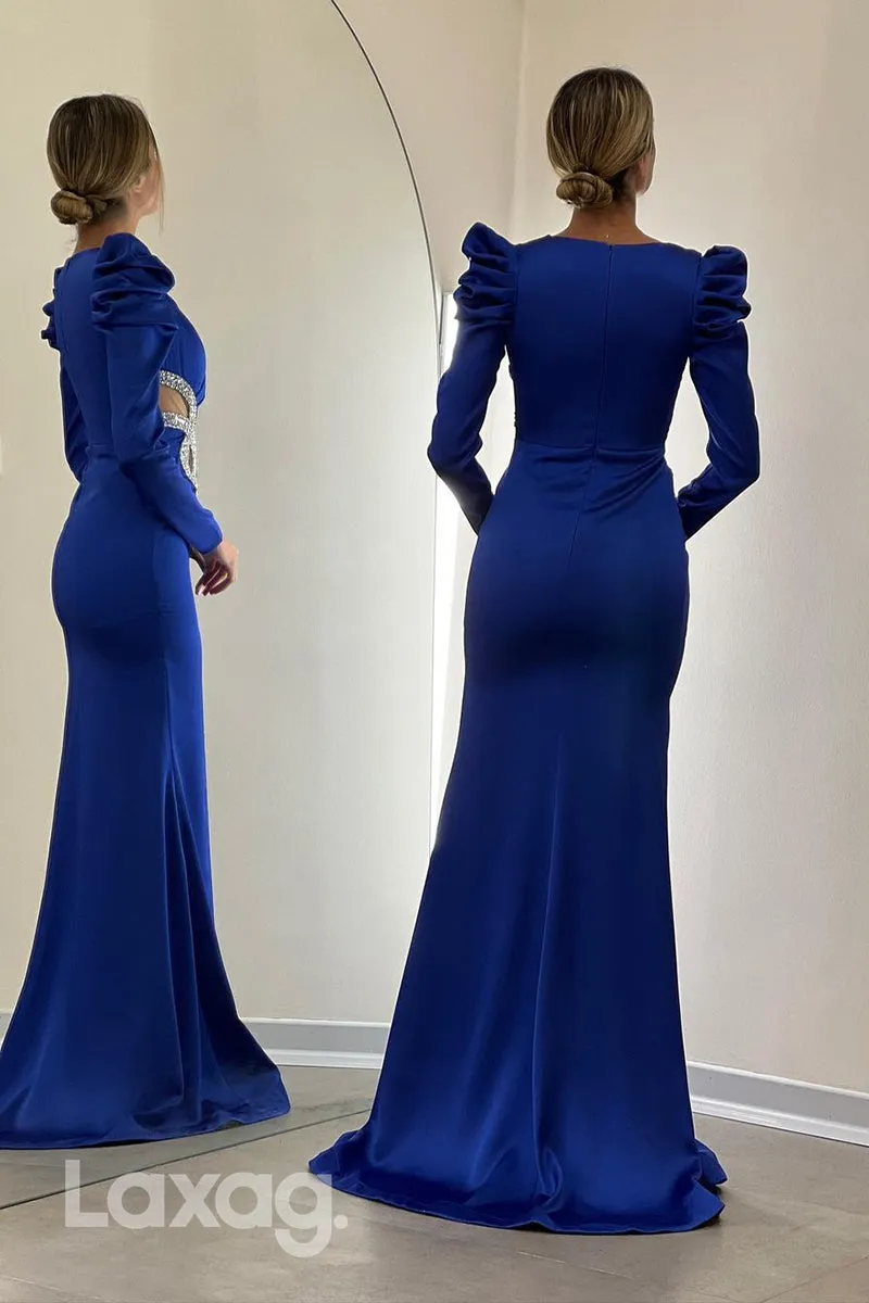 22048 - Sexy V neck Beads Ruched Long Sleeves Formal Evening Dress with Slit