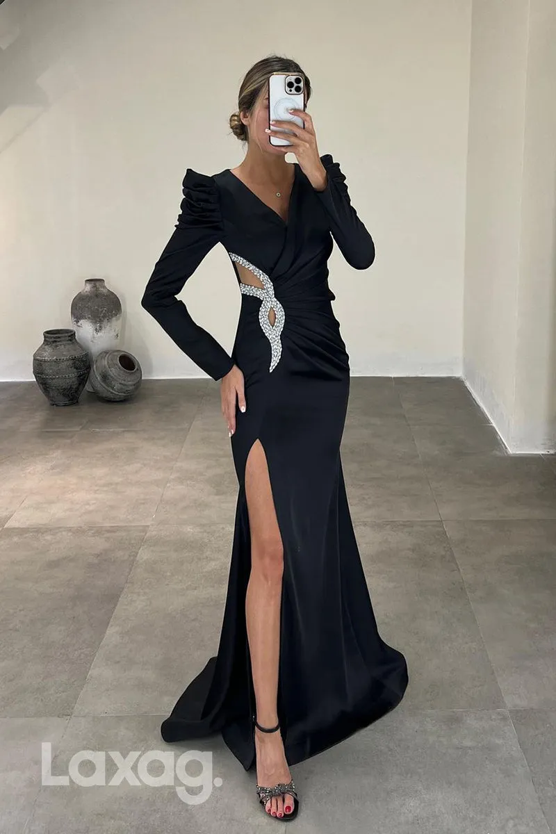 22048 - Sexy V neck Beads Ruched Long Sleeves Formal Evening Dress with Slit