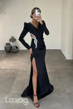22048 - Sexy V neck Beads Ruched Long Sleeves Formal Evening Dress with Slit