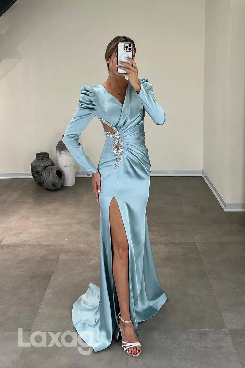 22048 - Sexy V neck Beads Ruched Long Sleeves Formal Evening Dress with Slit