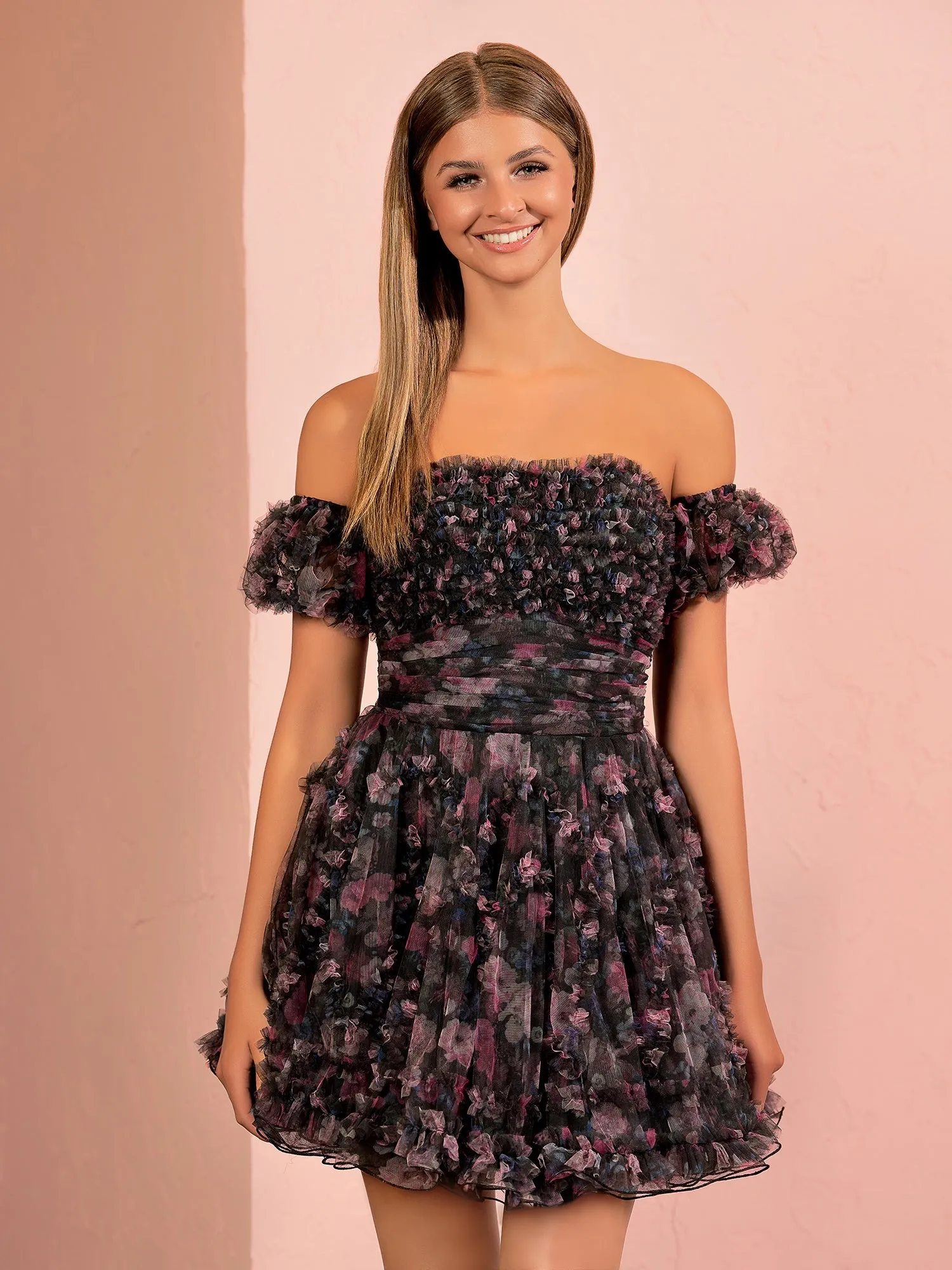 A-line Printed Tulle Blue Ruffles Homecoming Dress With Puff Sleeves