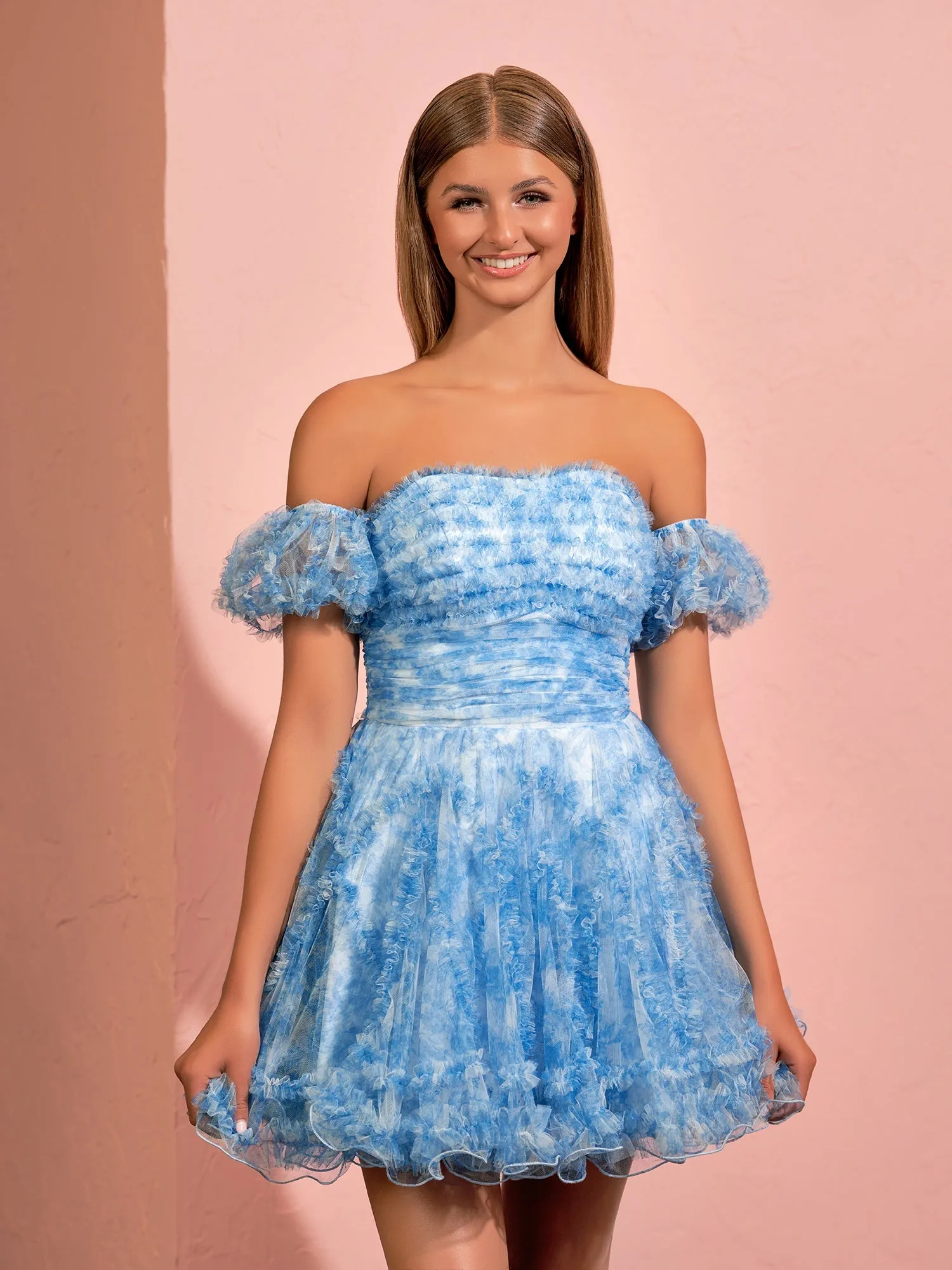 A-line Printed Tulle Blue Ruffles Homecoming Dress With Puff Sleeves
