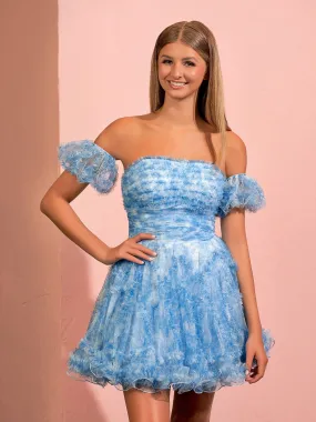 A-line Printed Tulle Blue Ruffles Homecoming Dress With Puff Sleeves