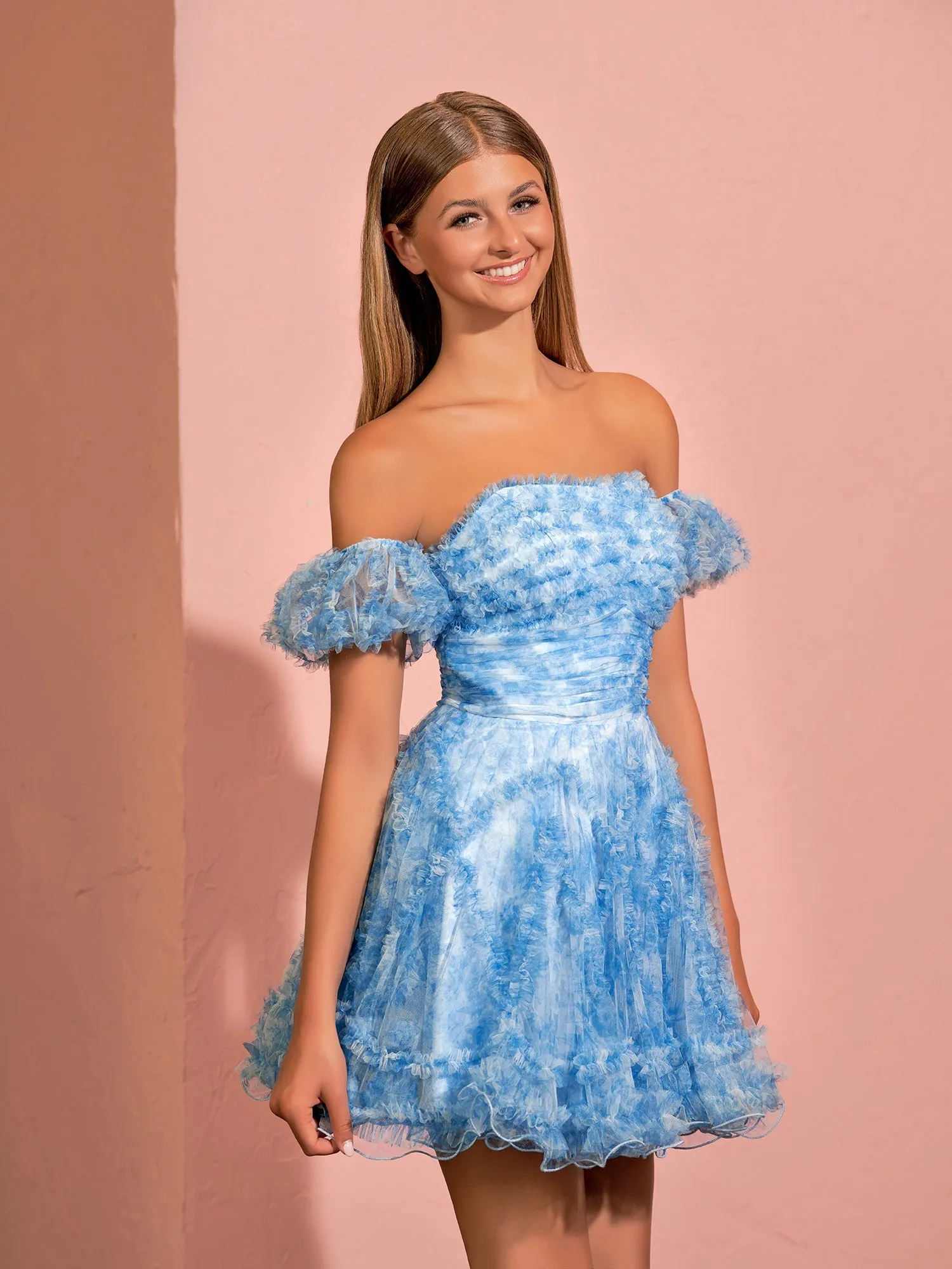 A-line Printed Tulle Blue Ruffles Homecoming Dress With Puff Sleeves