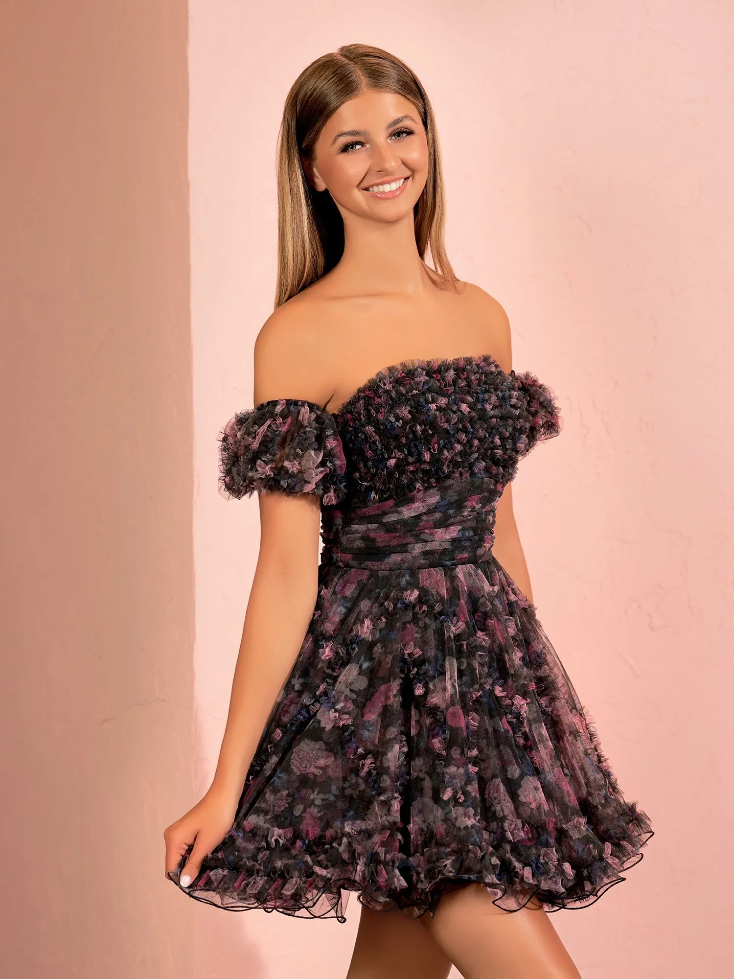 A-line Printed Tulle Blue Ruffles Homecoming Dress With Puff Sleeves