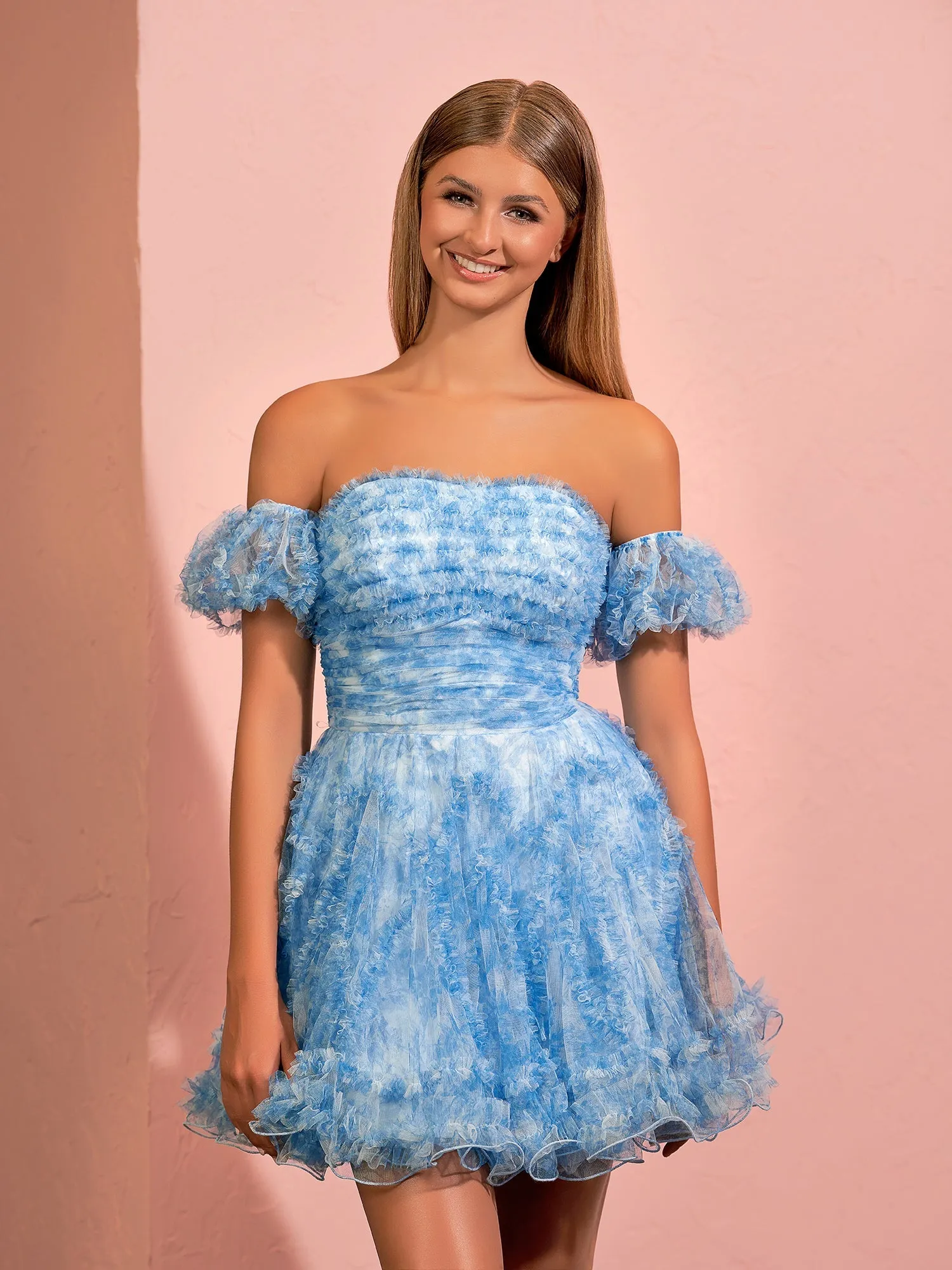 A-line Printed Tulle Blue Ruffles Homecoming Dress With Puff Sleeves