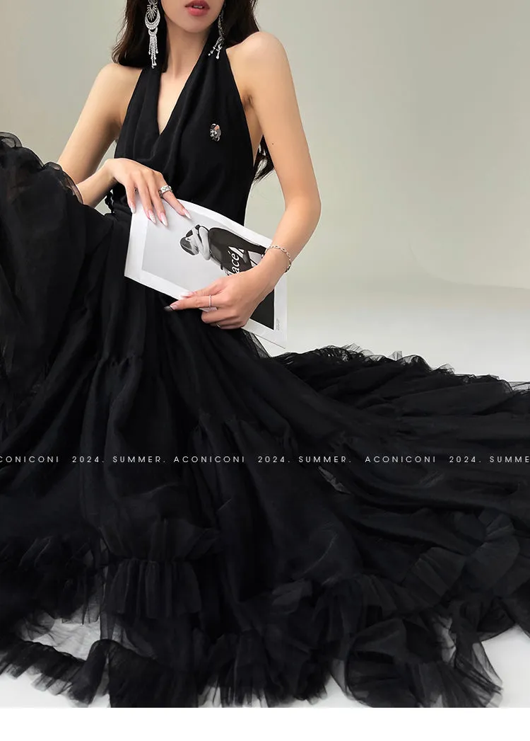 Aconiconi Elegant High Waist Ruffle Mesh Princess Long midi layered Skirt- Quiet Shadow Quicksand