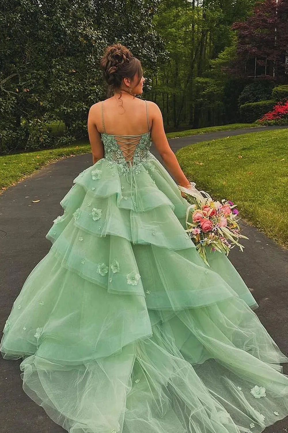 Ball Gown Sweetheart Sage Green Tulle Long Prom Dresses with Appliques