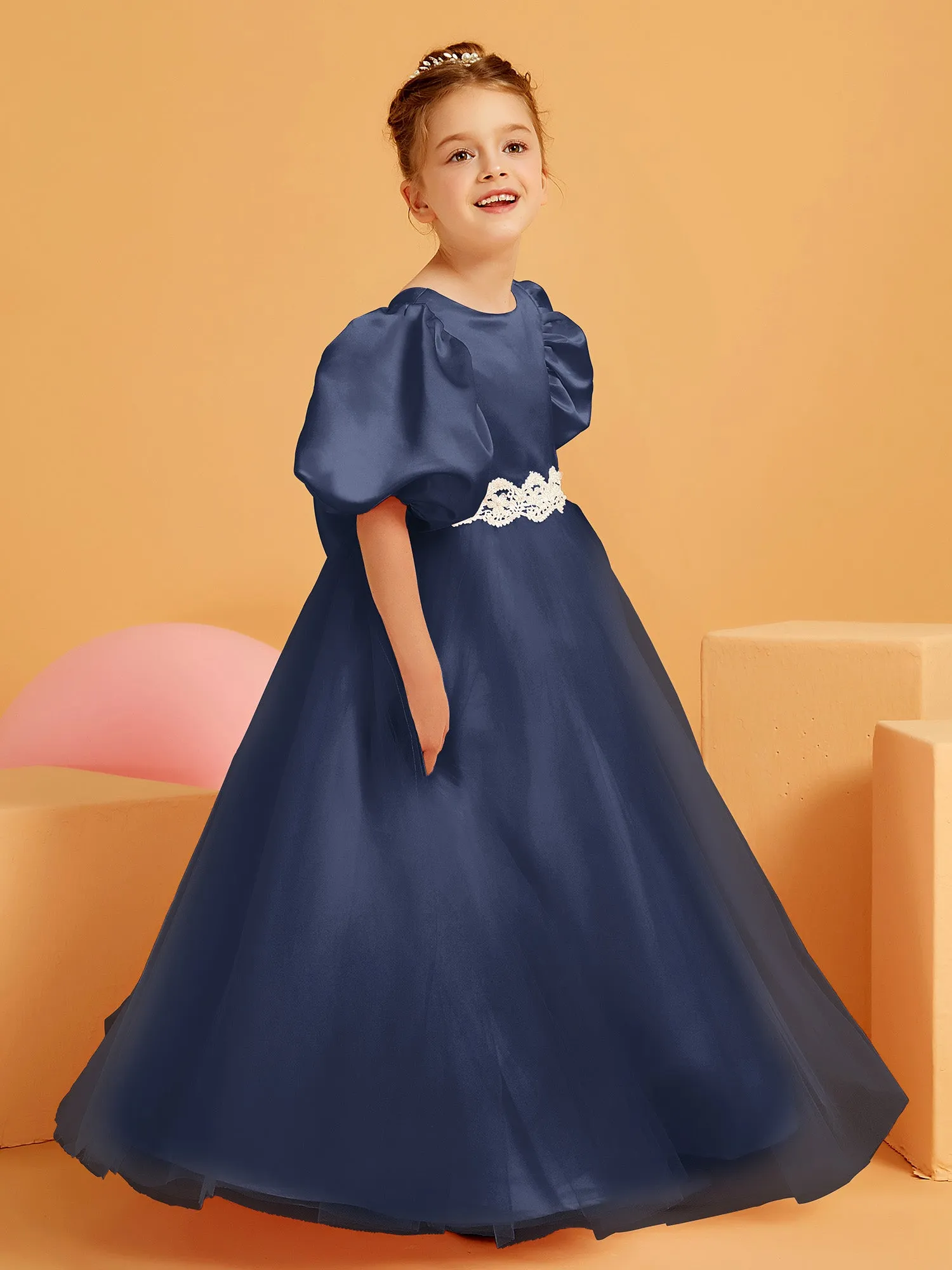 Ball-Gown/Princess Floor-Length Flower Girl Dress Dark Navy