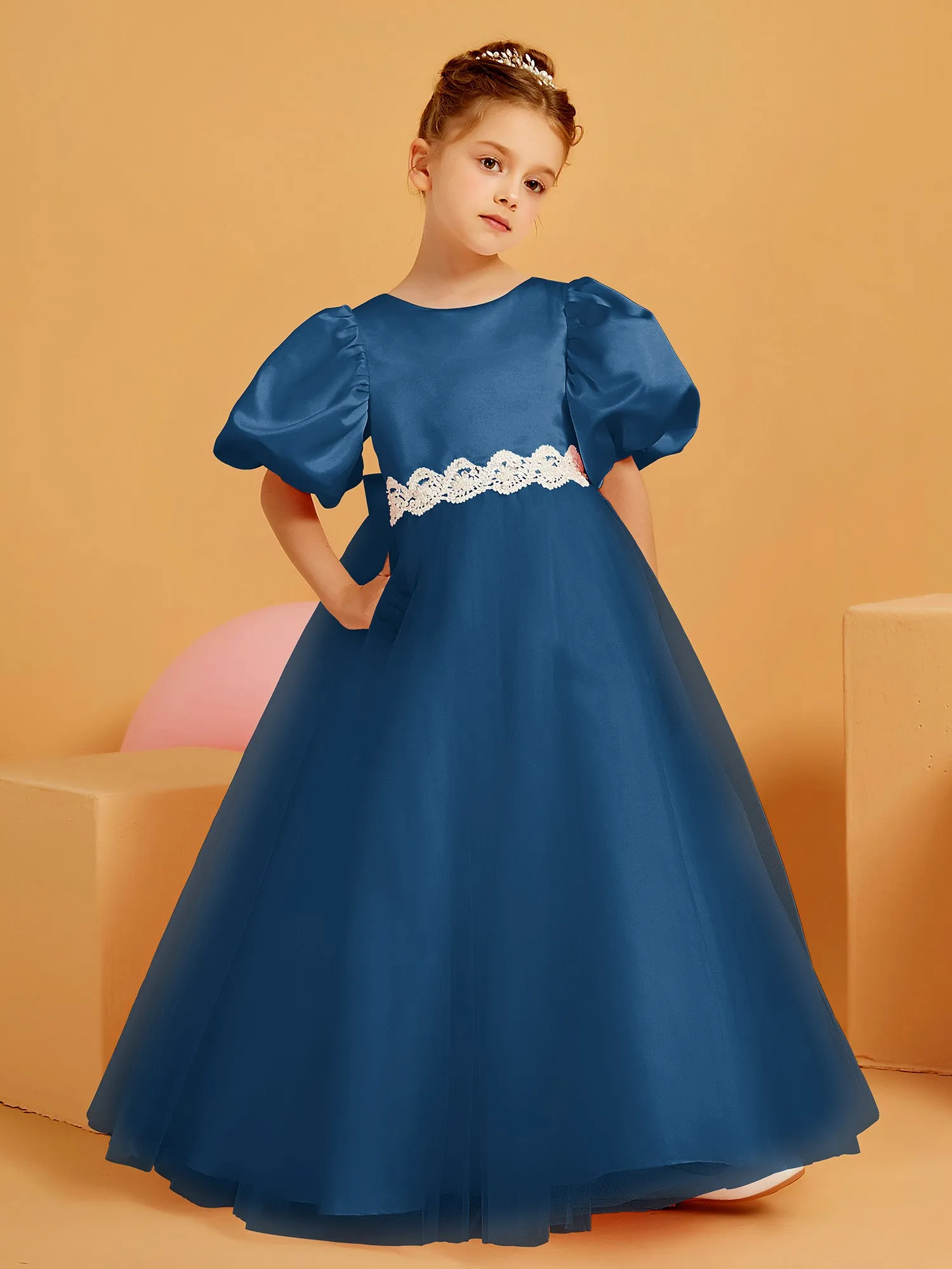 Ball-Gown/Princess Floor-Length Flower Girl Dress Ink Blue