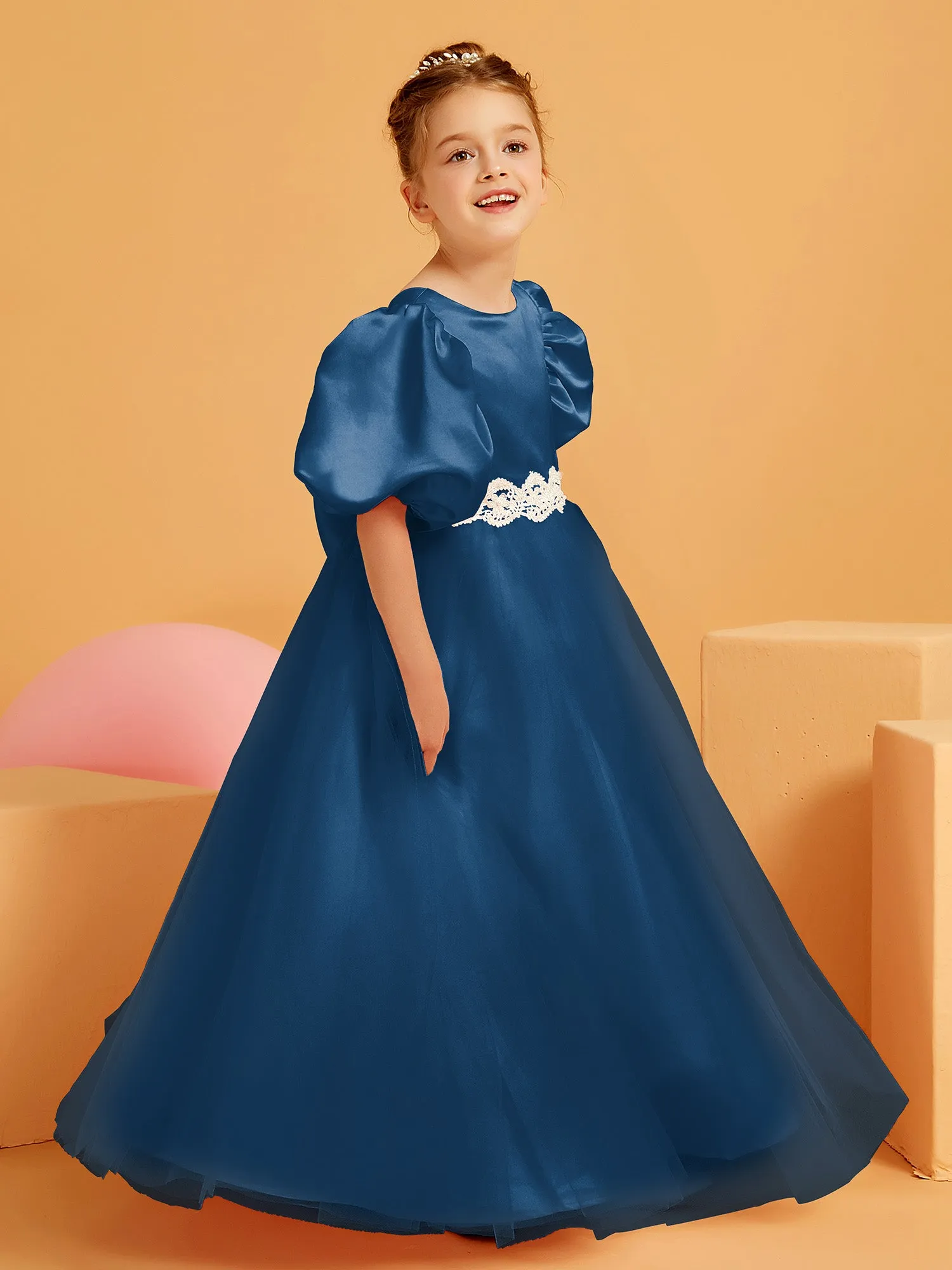 Ball-Gown/Princess Floor-Length Flower Girl Dress Ink Blue