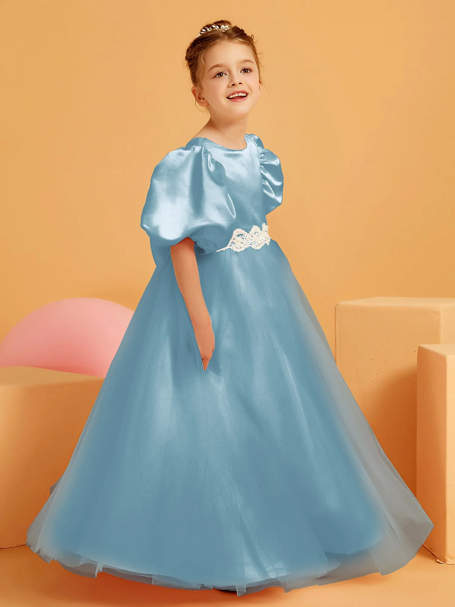 Ball-Gown/Princess Floor-Length Flower Girl Dress Slate Blue