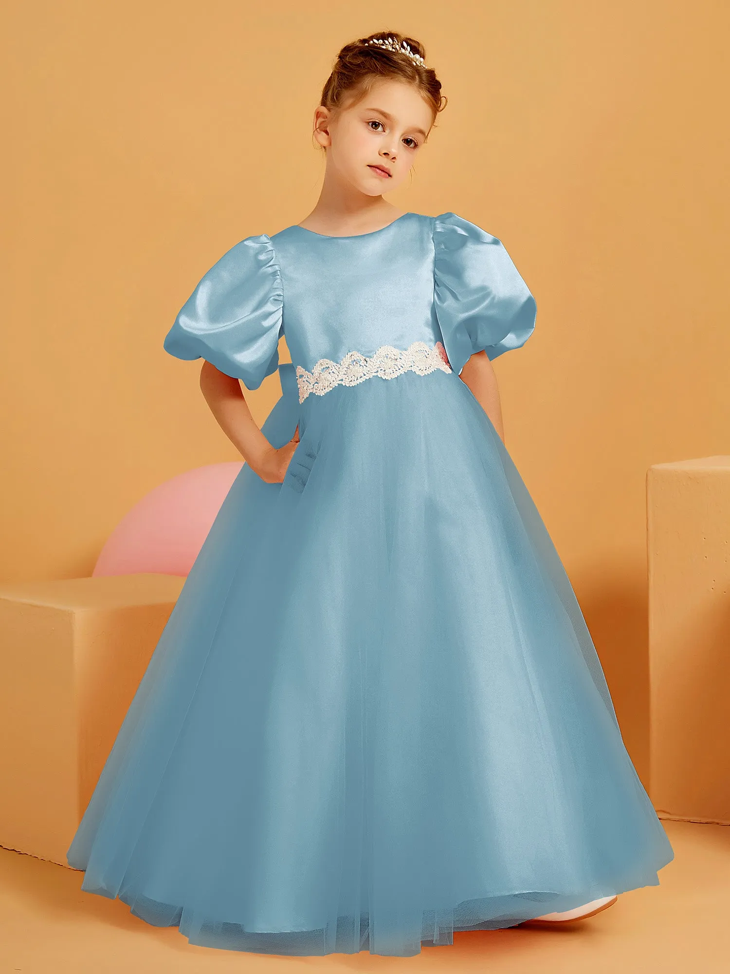 Ball-Gown/Princess Floor-Length Flower Girl Dress Slate Blue