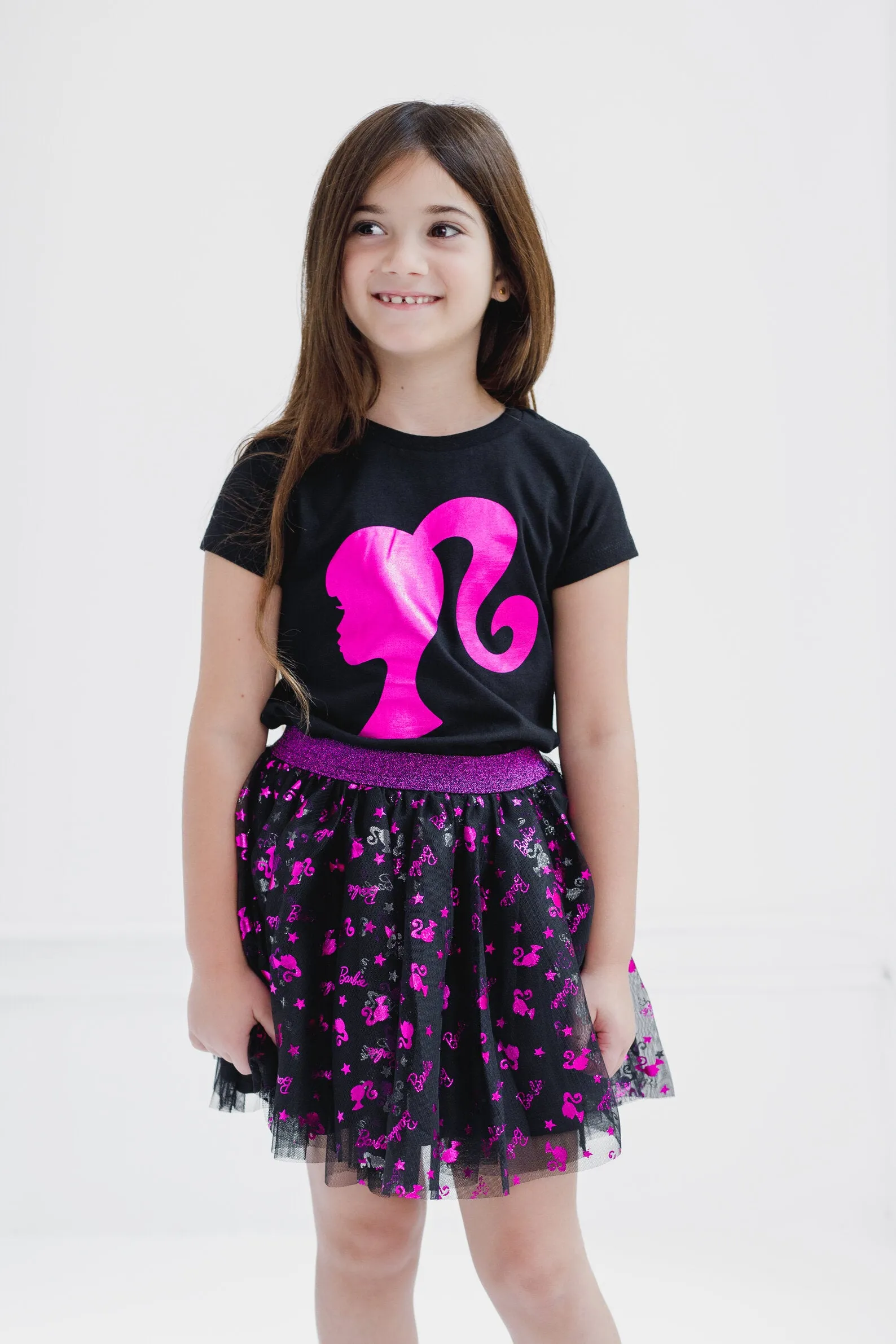 Barbie Metallic Print T-Shirt and Tulle Mesh Skirt