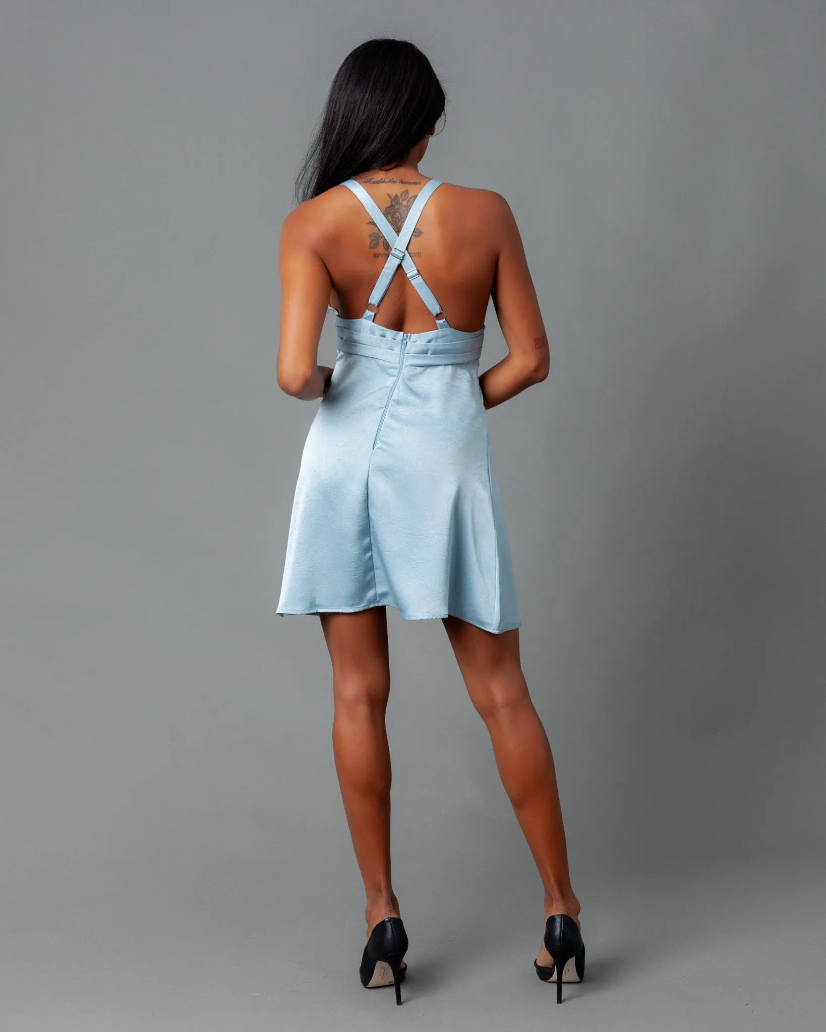 Barcelona Deep V Crinkle Satin Mini Dress