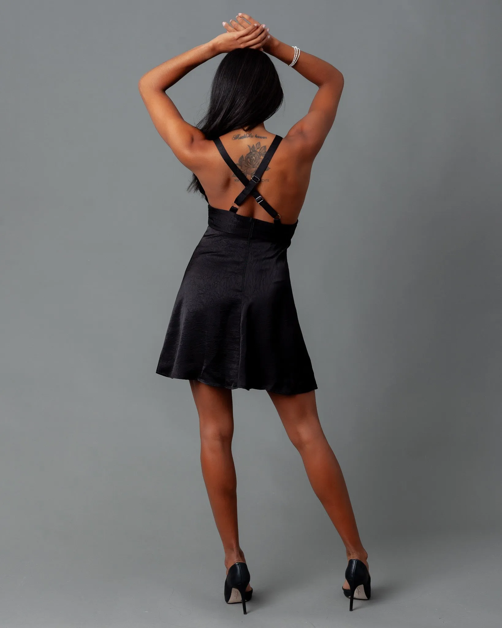 Barcelona Deep V Crinkle Satin Mini Dress