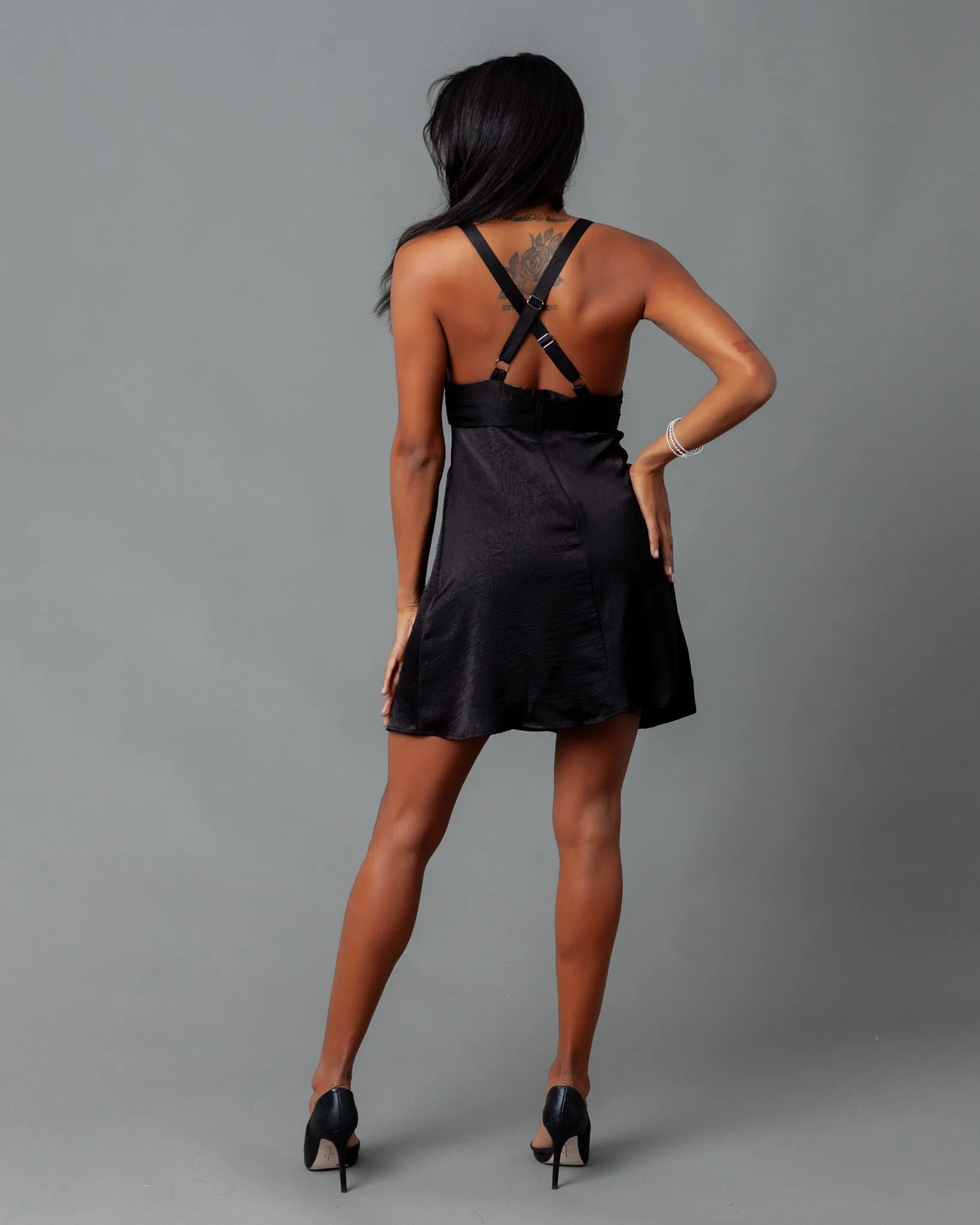 Barcelona Deep V Crinkle Satin Mini Dress