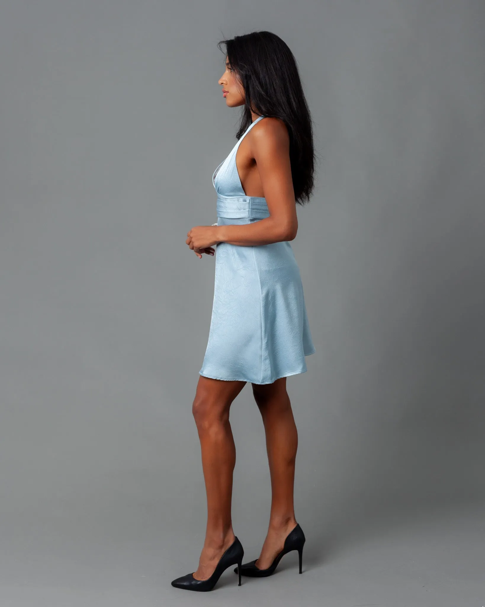 Barcelona Deep V Crinkle Satin Mini Dress