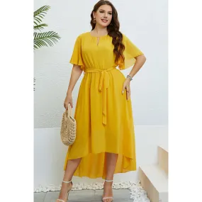 Belted Flutter Sleeve High-Low Dress