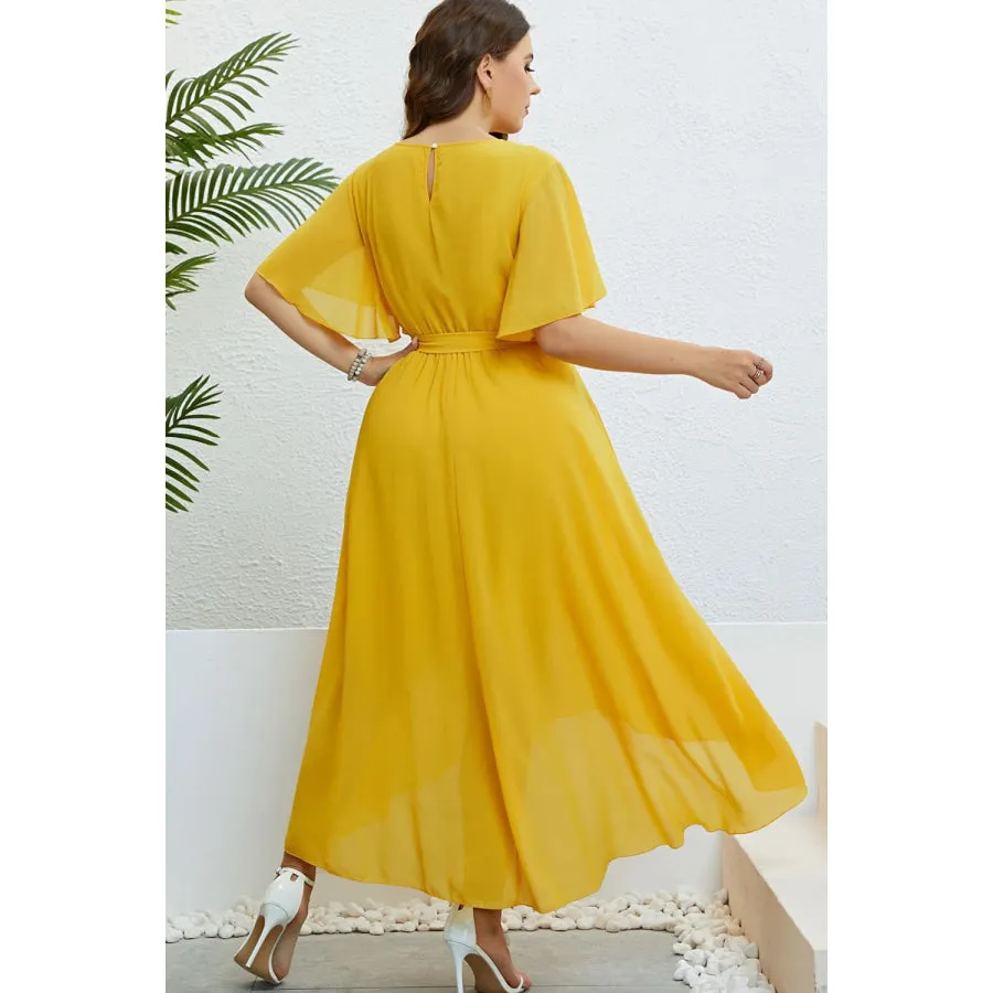 Belted Flutter Sleeve High-Low Dress