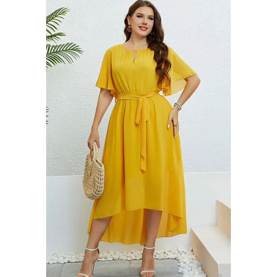 Belted Flutter Sleeve High-Low Dress
