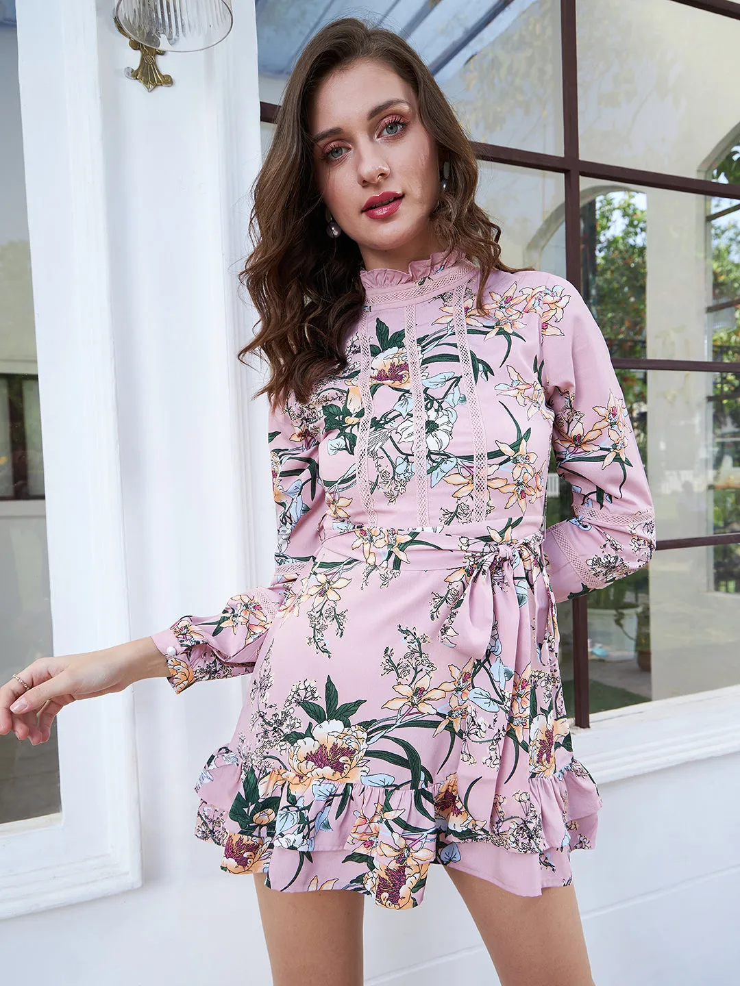 Berrylush Women Pink & Green Floral Printed Mock Neck Tie-Up Waist Lace Insert Curve Hem Ruffled Fit & Flare Mini Dress