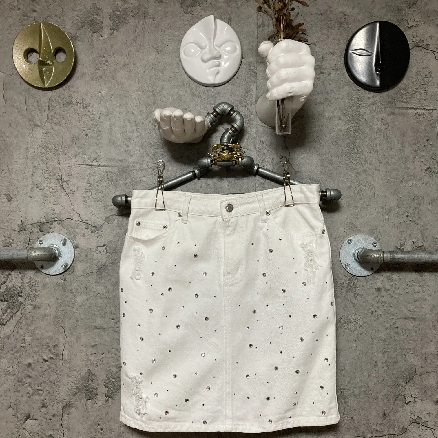 bijou studded denim skirt white