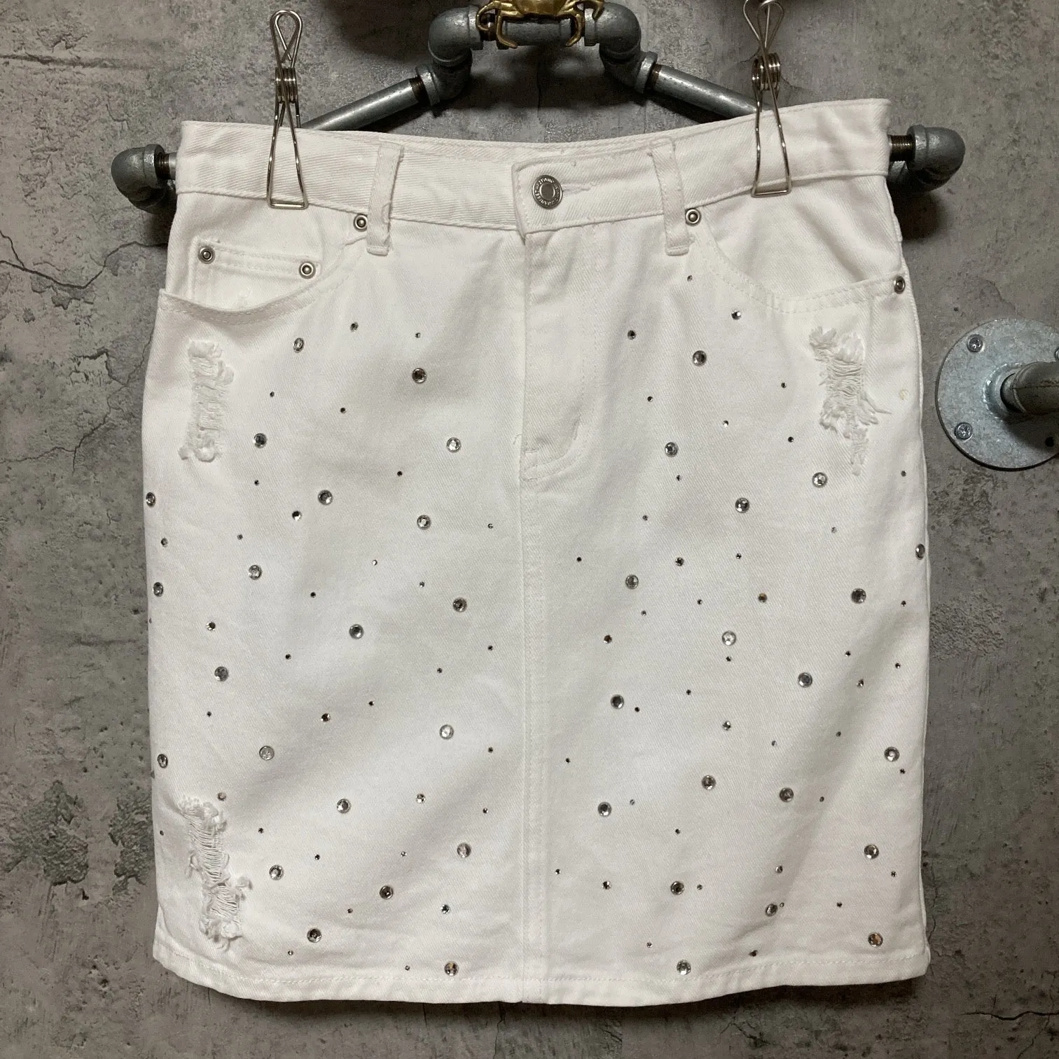 bijou studded denim skirt white