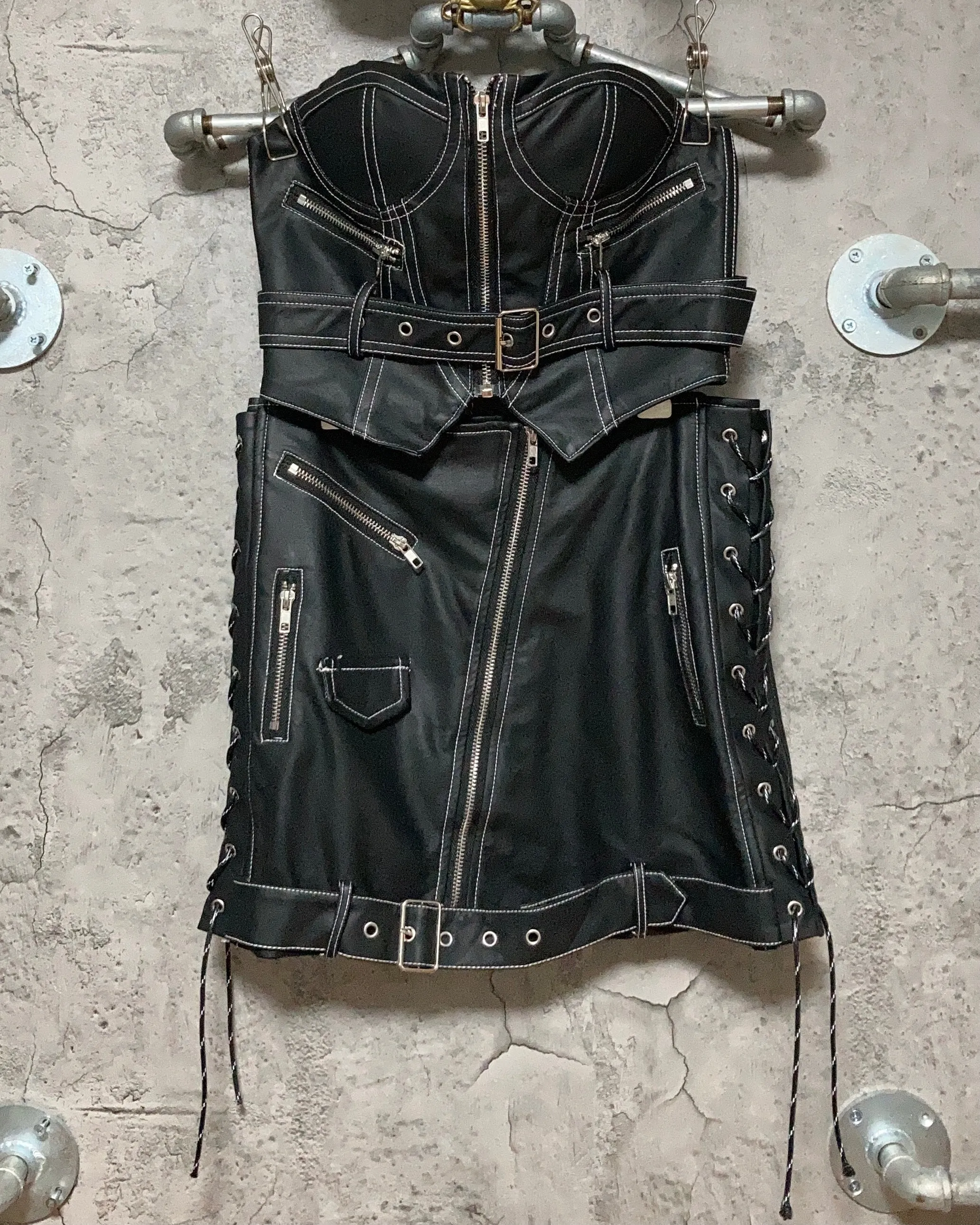 black fake leather bustier & skirt two piece set