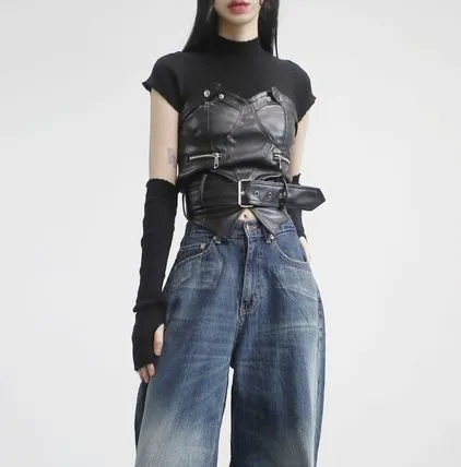 black fake leather bustier & skirt two piece set