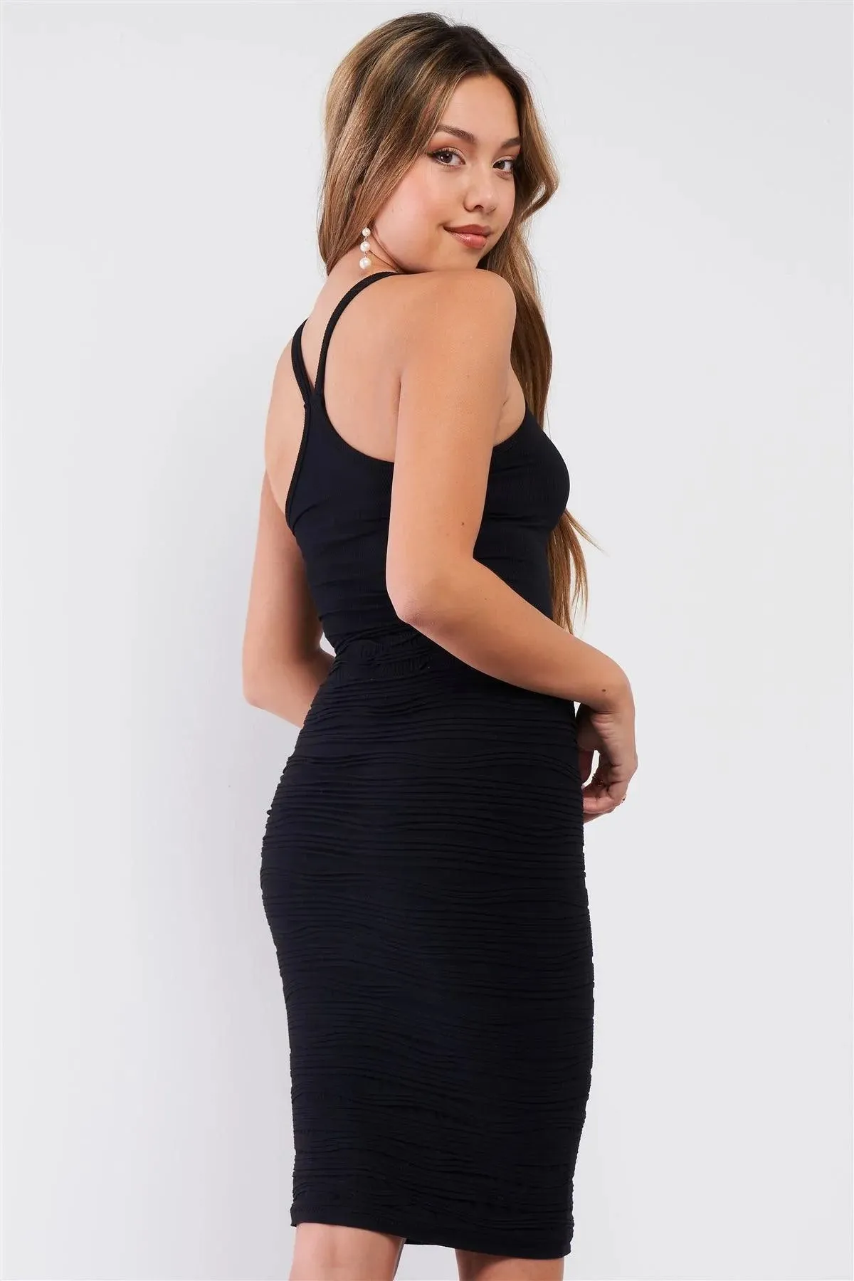 Black High Waisted Horizontal Wavy Pleated Pencil Skirt /3-3