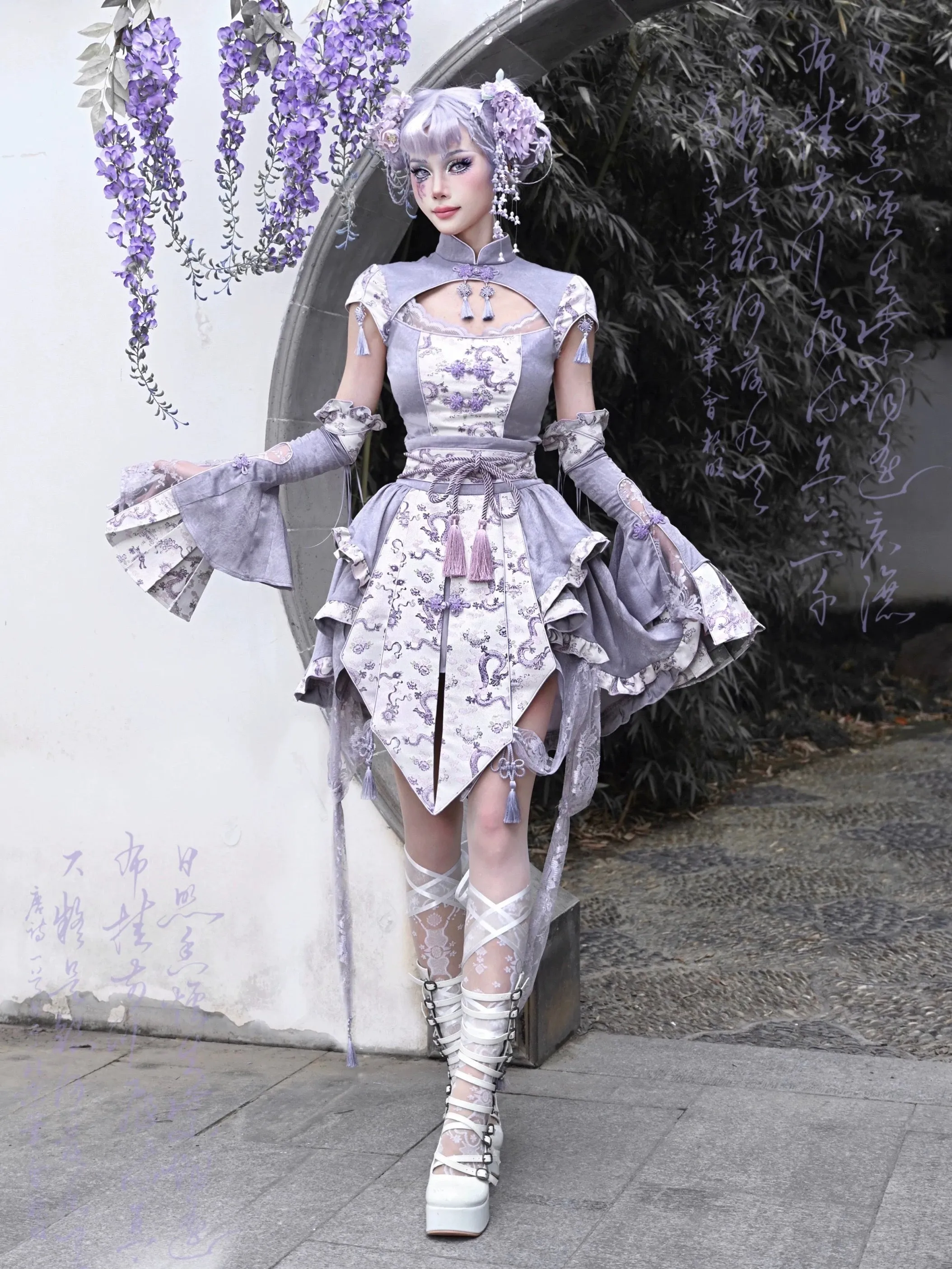 [Blood Supply] Dragon In Wisteria Chinese Lolita Fashion Set Mini Skirt