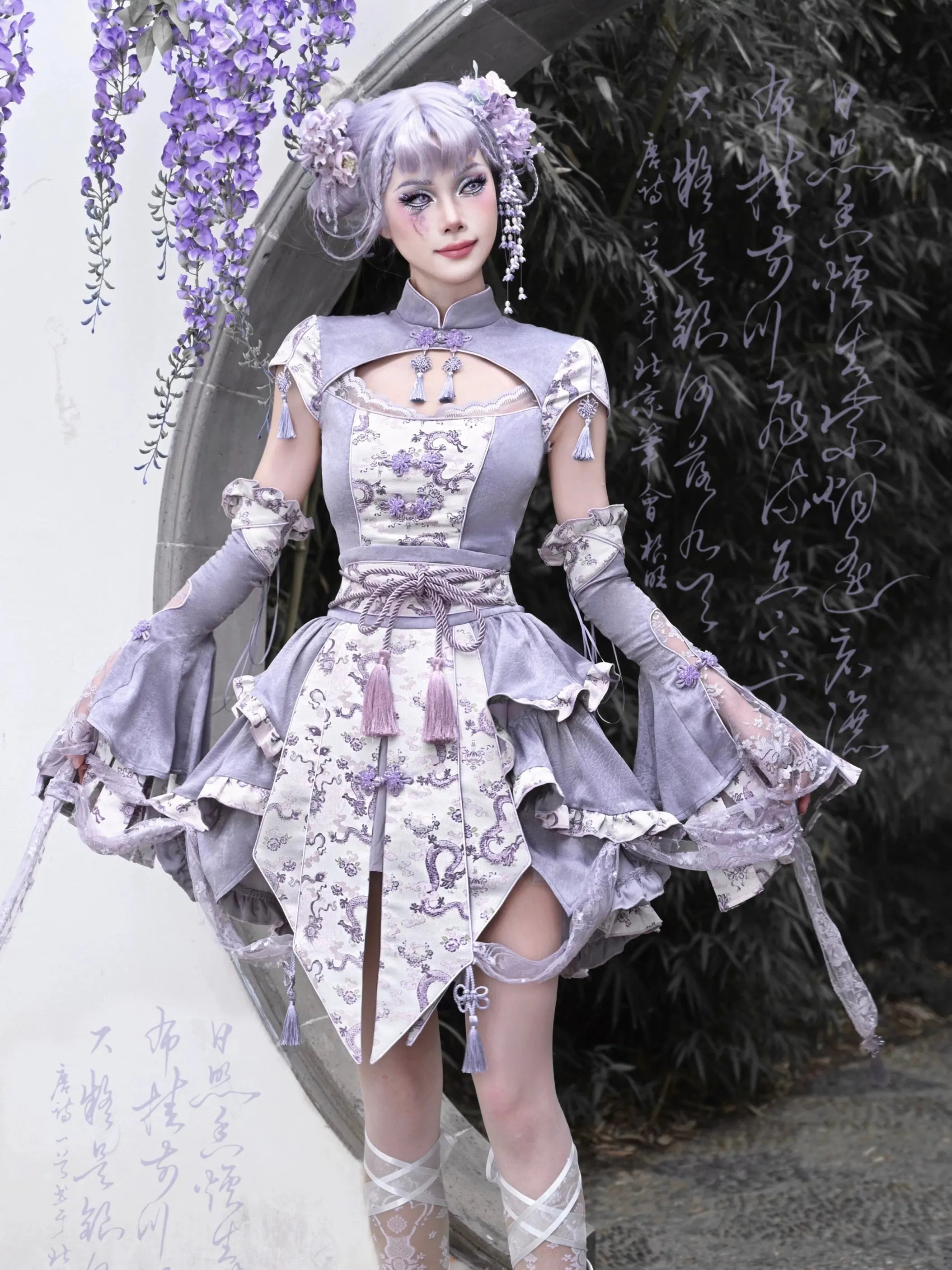 [Blood Supply] Dragon In Wisteria Chinese Lolita Fashion Set Mini Skirt