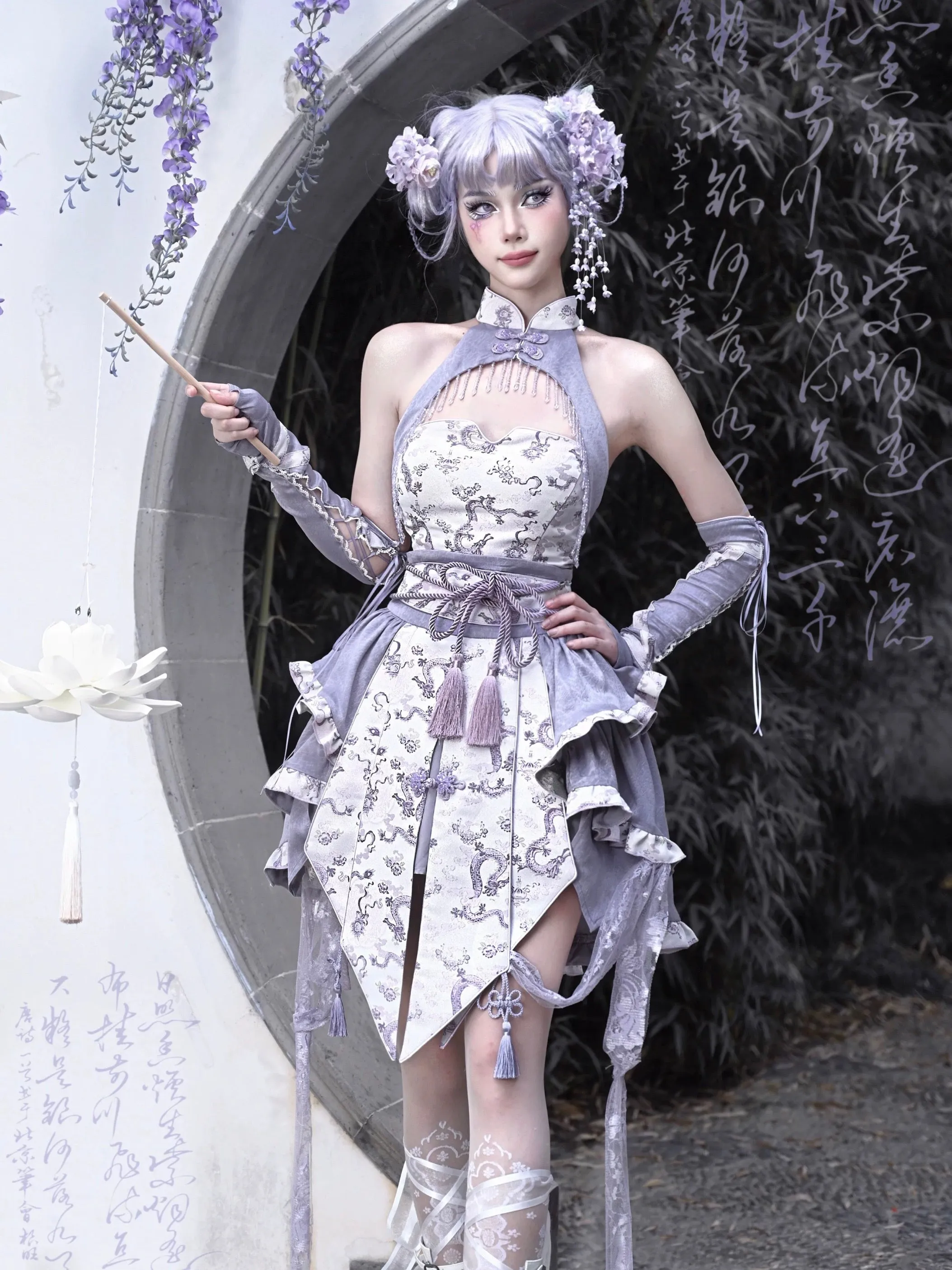 [Blood Supply] Dragon In Wisteria Chinese Lolita Fashion Set Mini Skirt