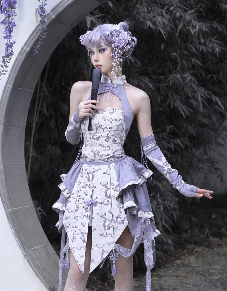 [Blood Supply] Dragon In Wisteria Chinese Lolita Fashion Set Mini Skirt