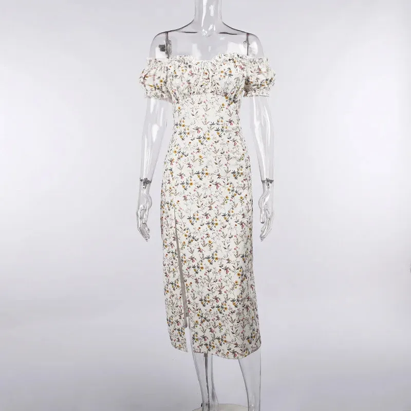 Bonnyshow  Spring Summer New Women's Clothing Sexy Off Shoulder Puff Sleeve Waist Slit Floral Dress Fashion Long Dress