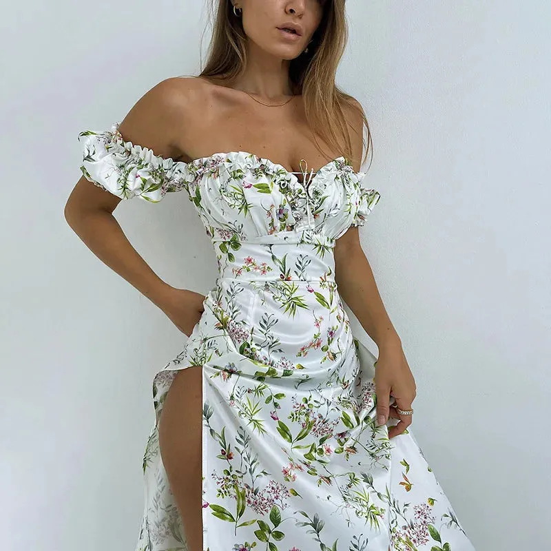 Bonnyshow  Spring Summer New Women's Clothing Sexy Off Shoulder Puff Sleeve Waist Slit Floral Dress Fashion Long Dress