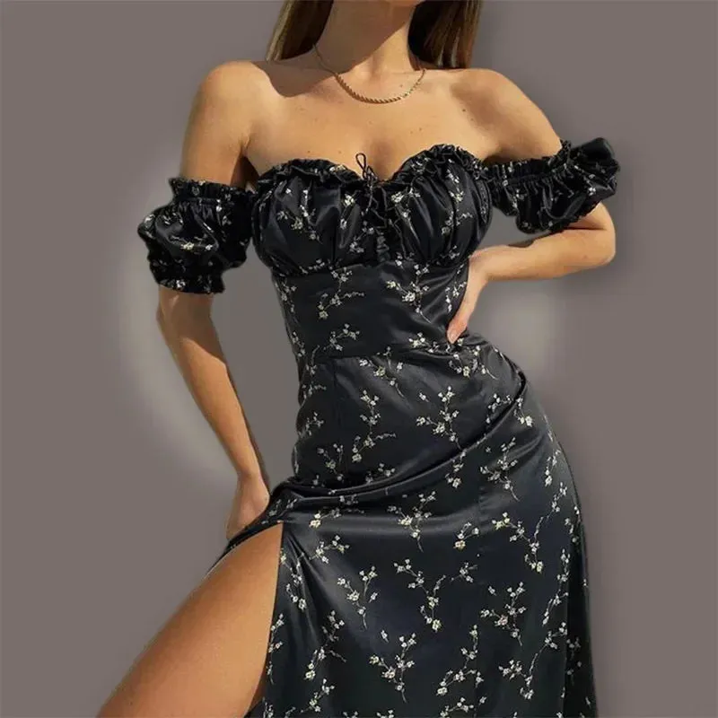 Bonnyshow  Spring Summer New Women's Clothing Sexy Off Shoulder Puff Sleeve Waist Slit Floral Dress Fashion Long Dress