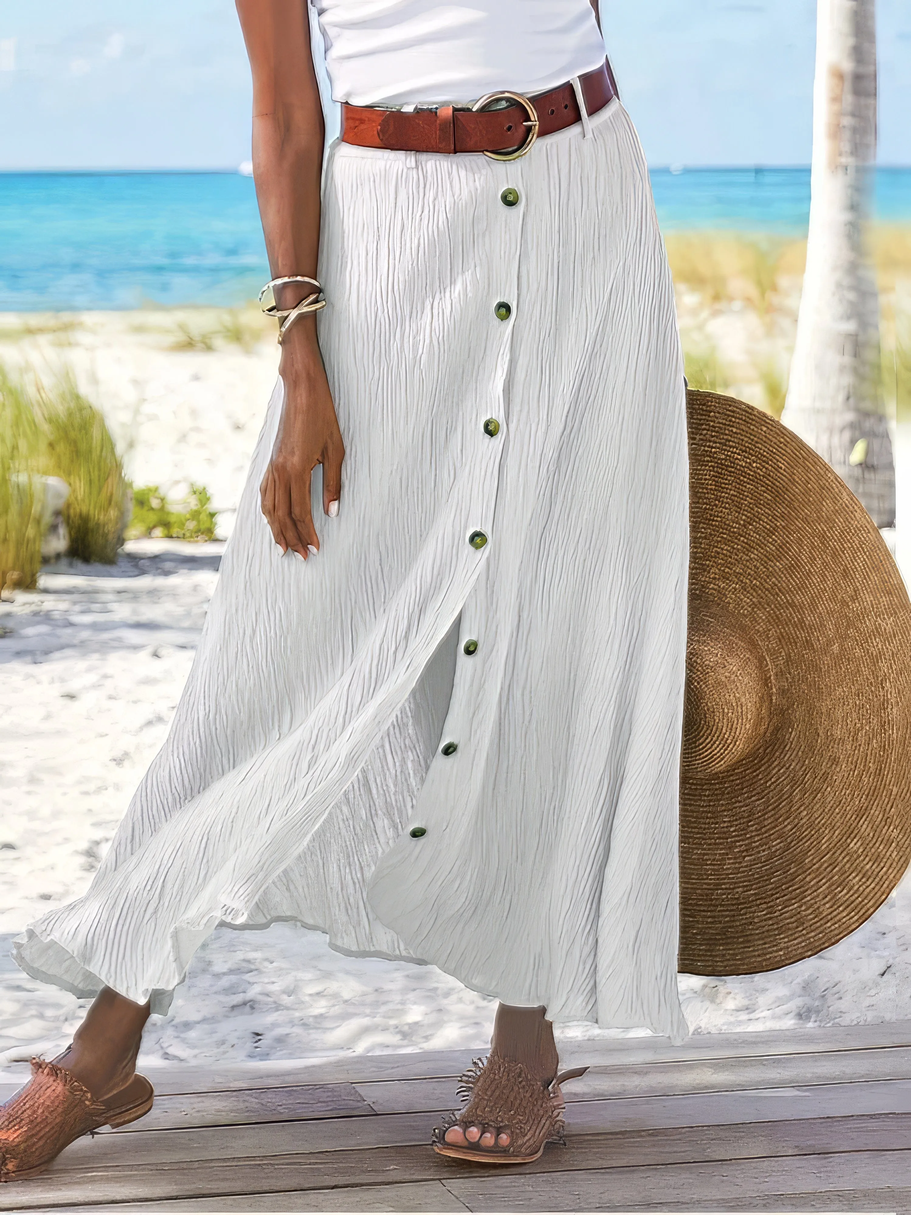 Button-Front Denim Midi Skirt