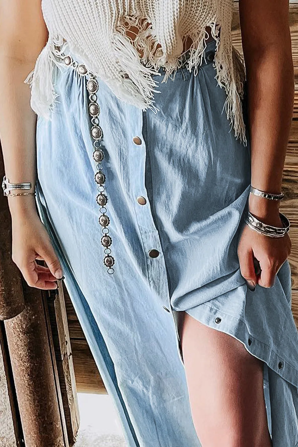Button-Front Denim Midi Skirt