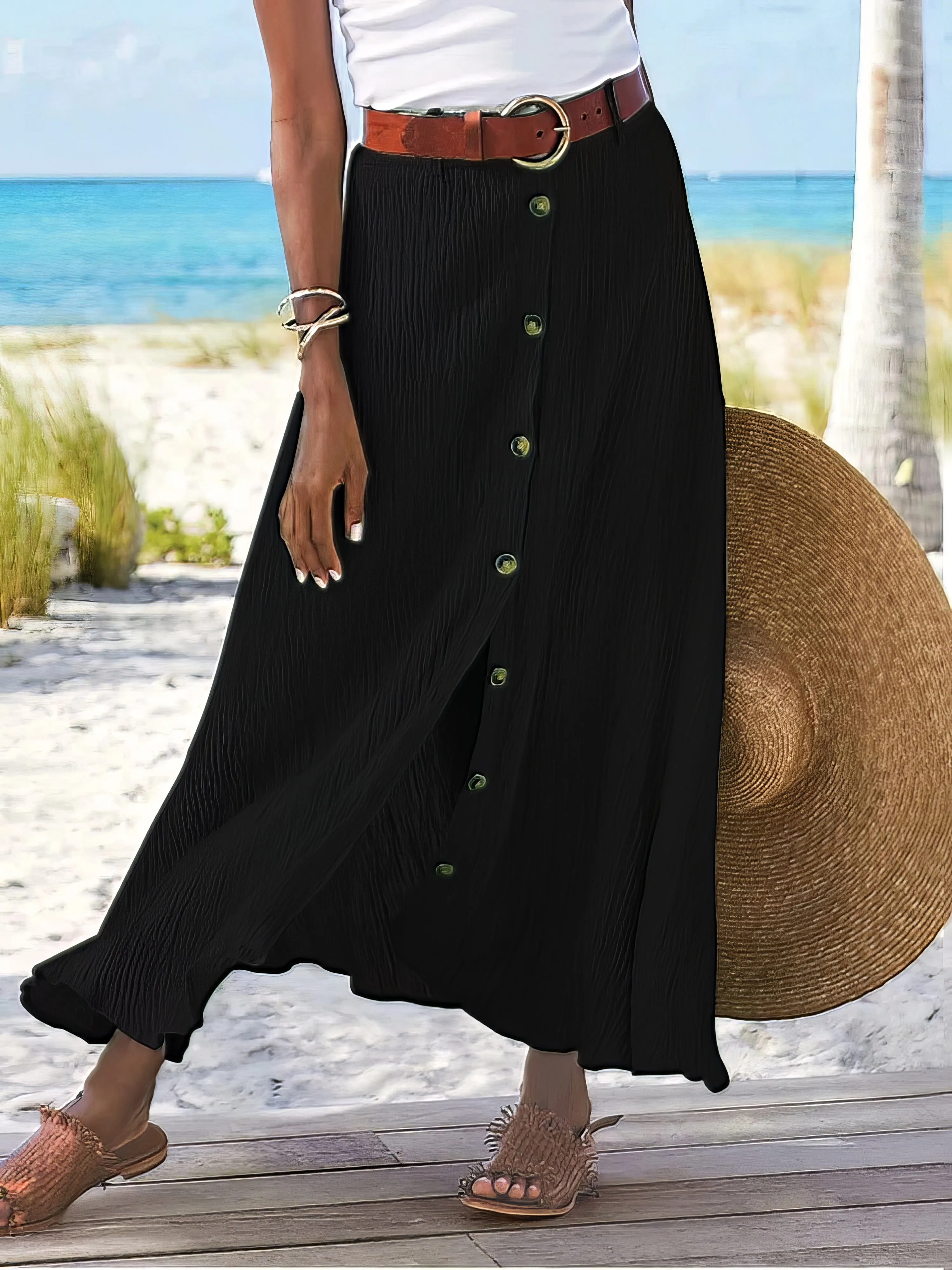 Button-Front Denim Midi Skirt
