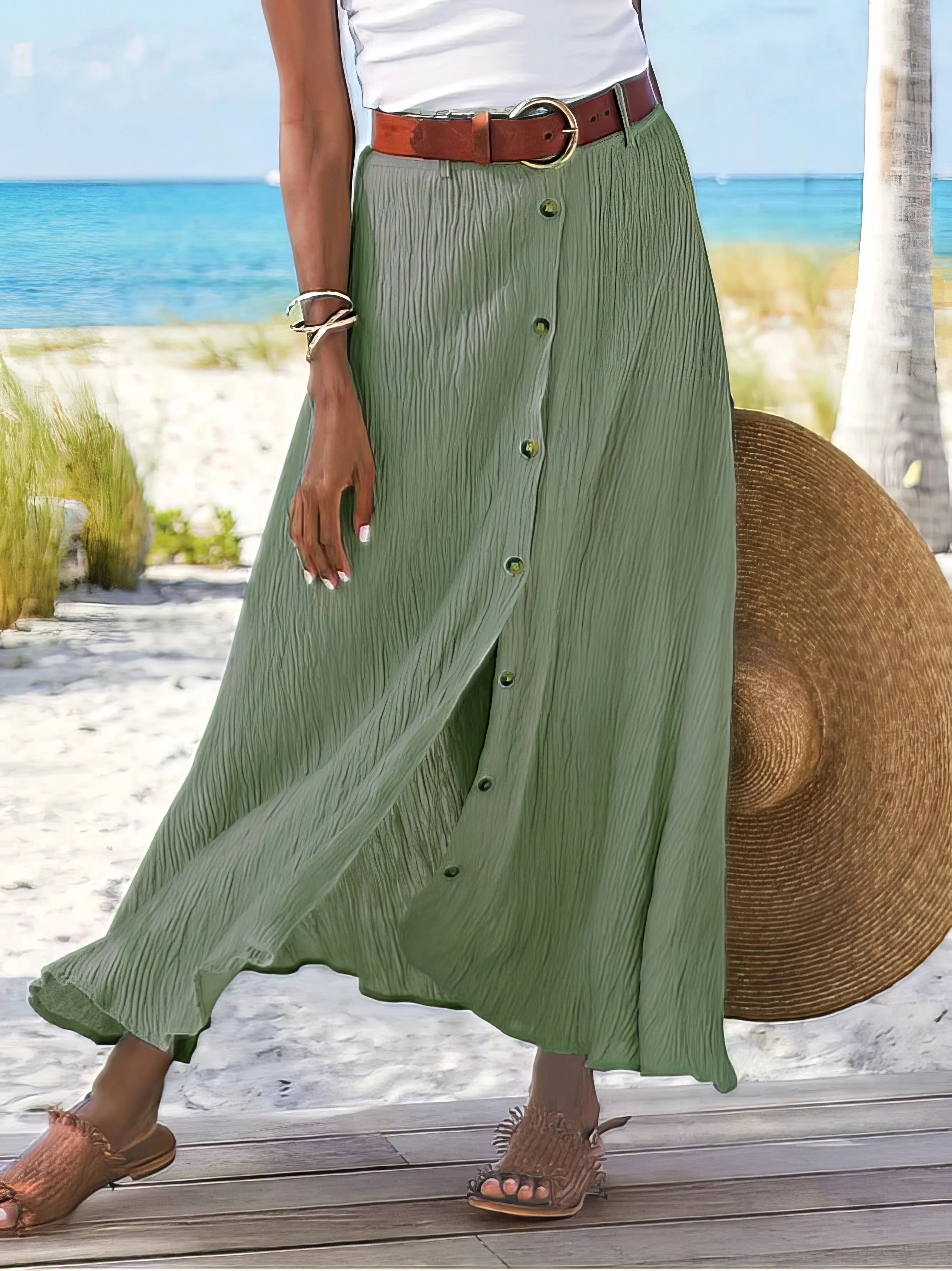Button-Front Denim Midi Skirt