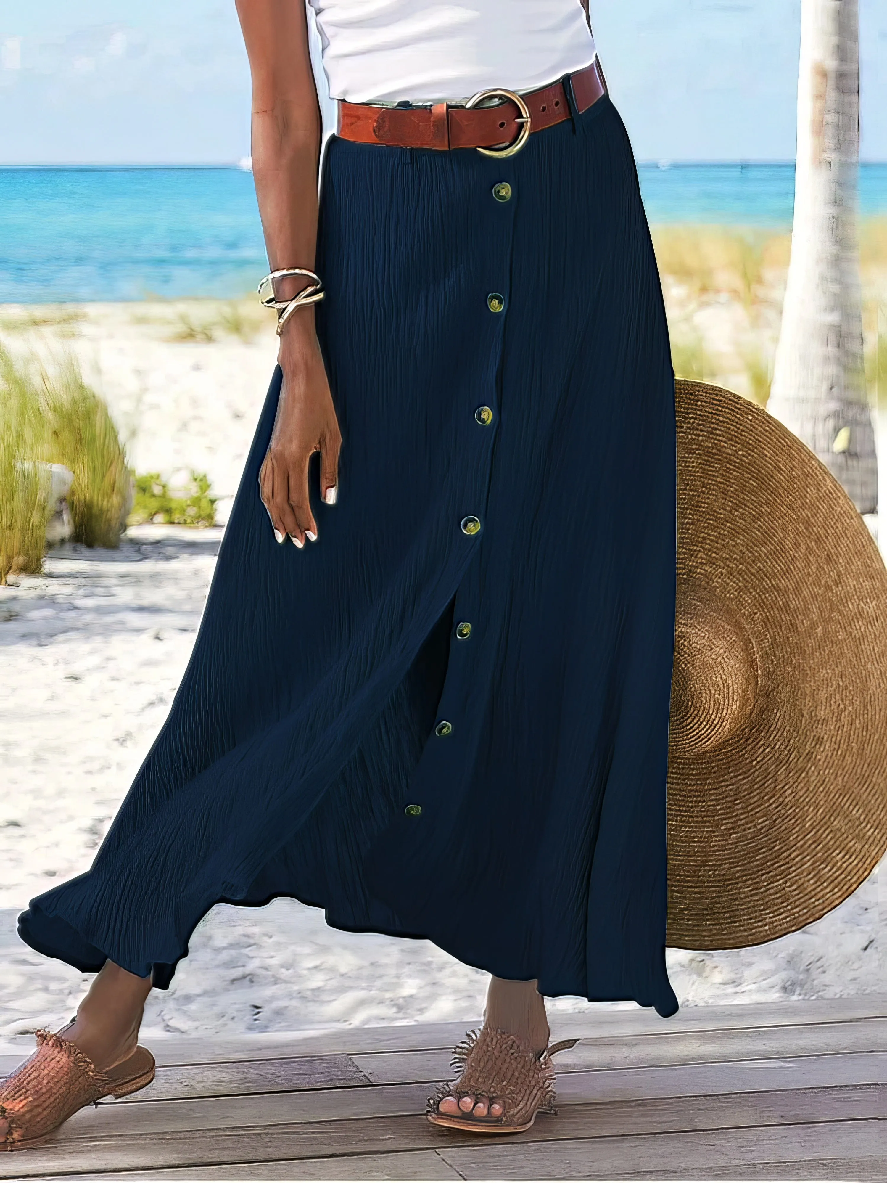Button-Front Denim Midi Skirt