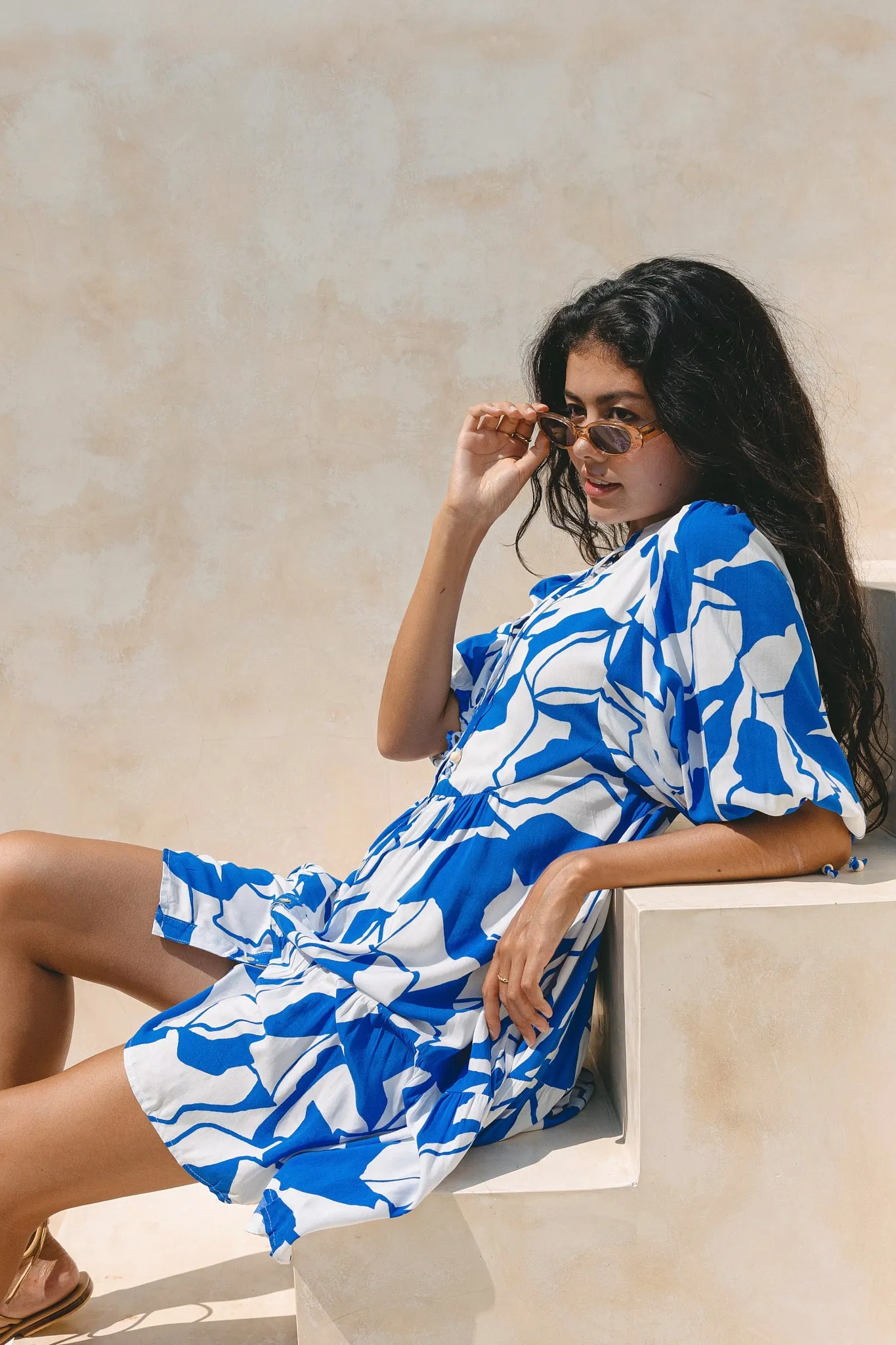 Calypso Blue Abstract Button Down Mini Dress