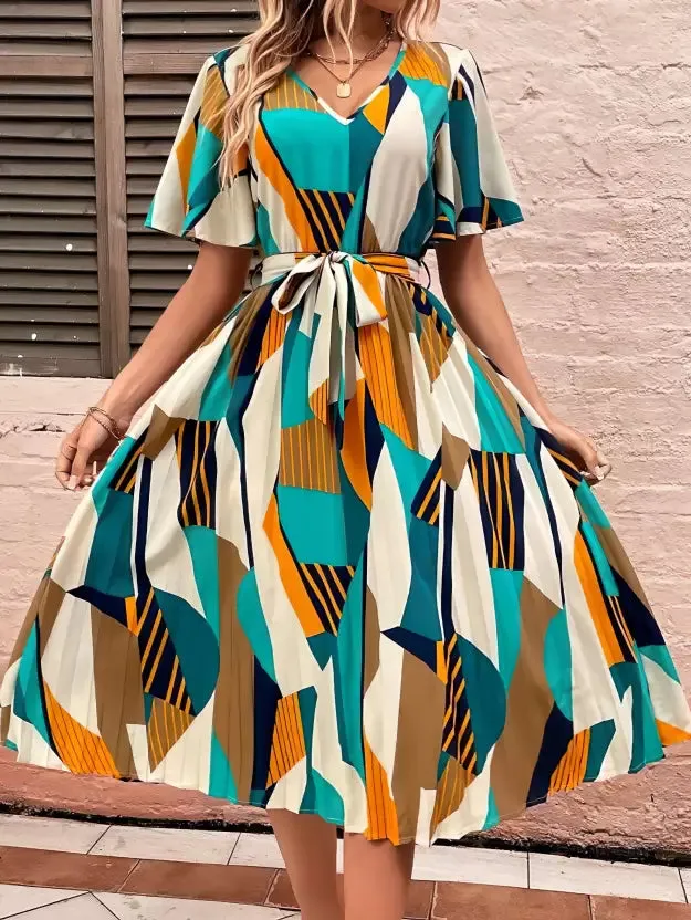 Chic Multicolor Printed A-line Midi Dress