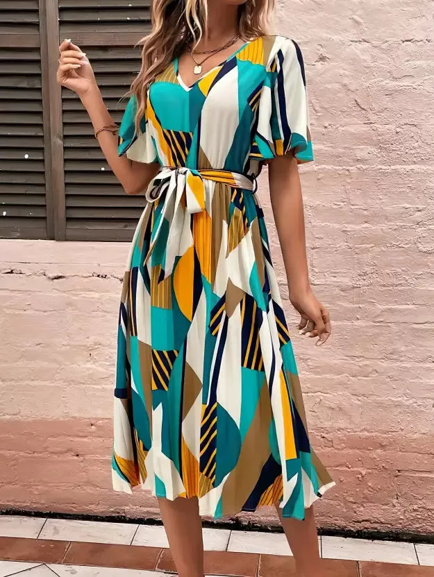 Chic Multicolor Printed A-line Midi Dress