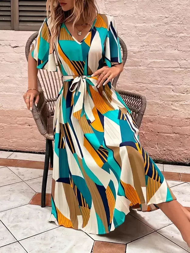 Chic Multicolor Printed A-line Midi Dress