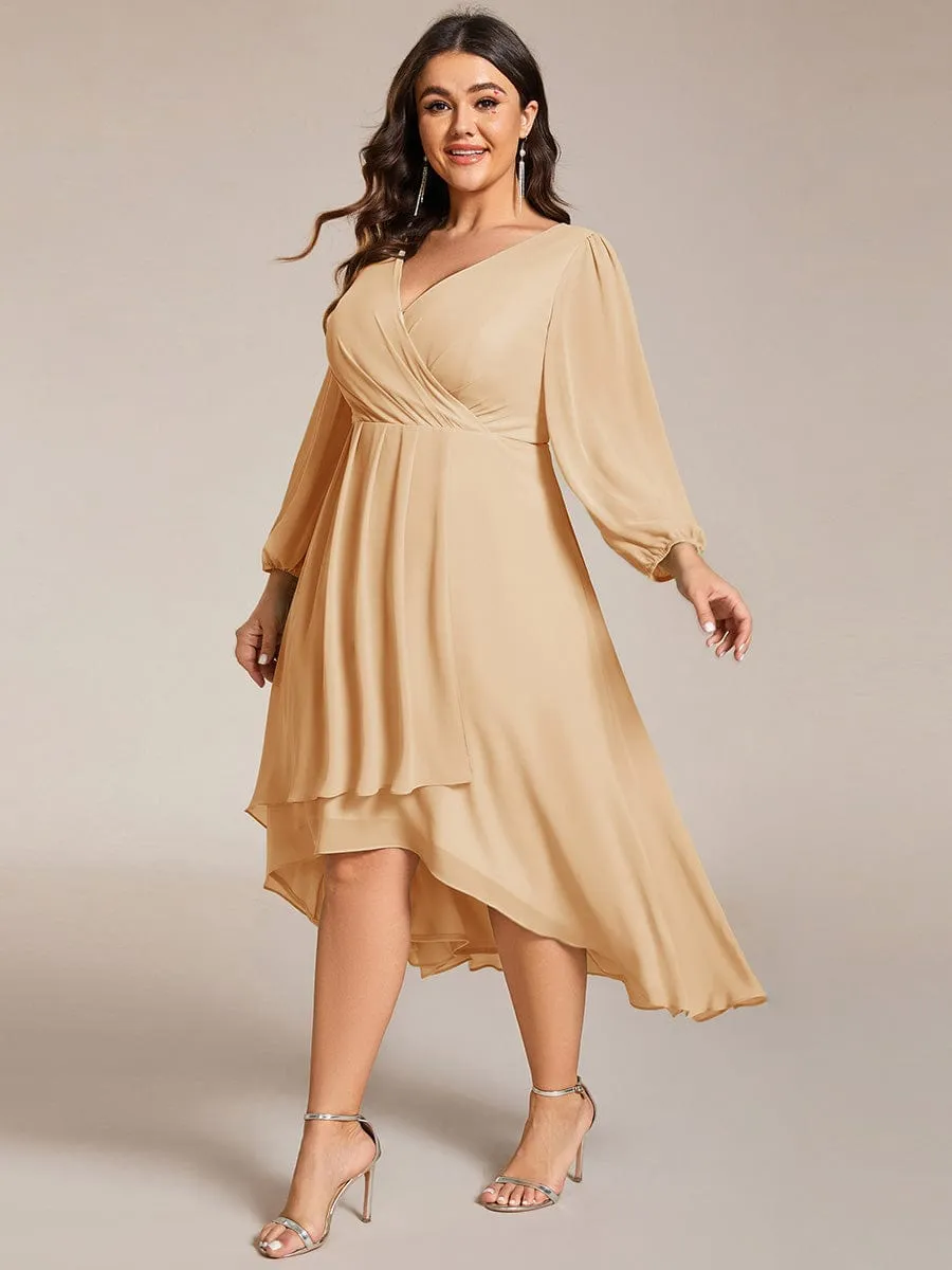 Chiffon Long Sleeve V-Neck High-Low Wedding Guest Dress