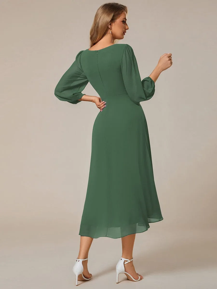 Chiffon Long Sleeve V-Neck High-Low Wedding Guest Dress