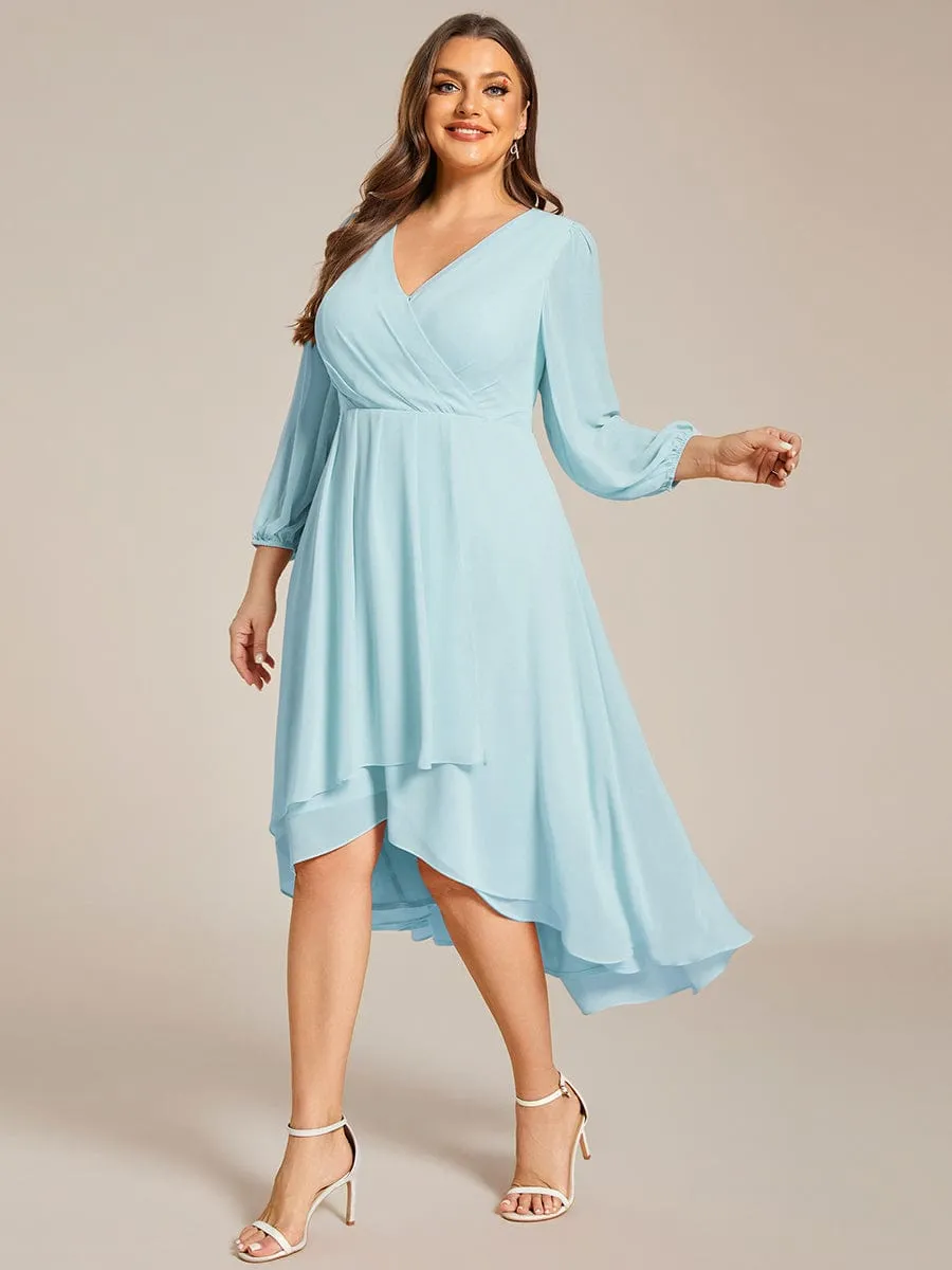 Chiffon Long Sleeve V-Neck High-Low Wedding Guest Dress